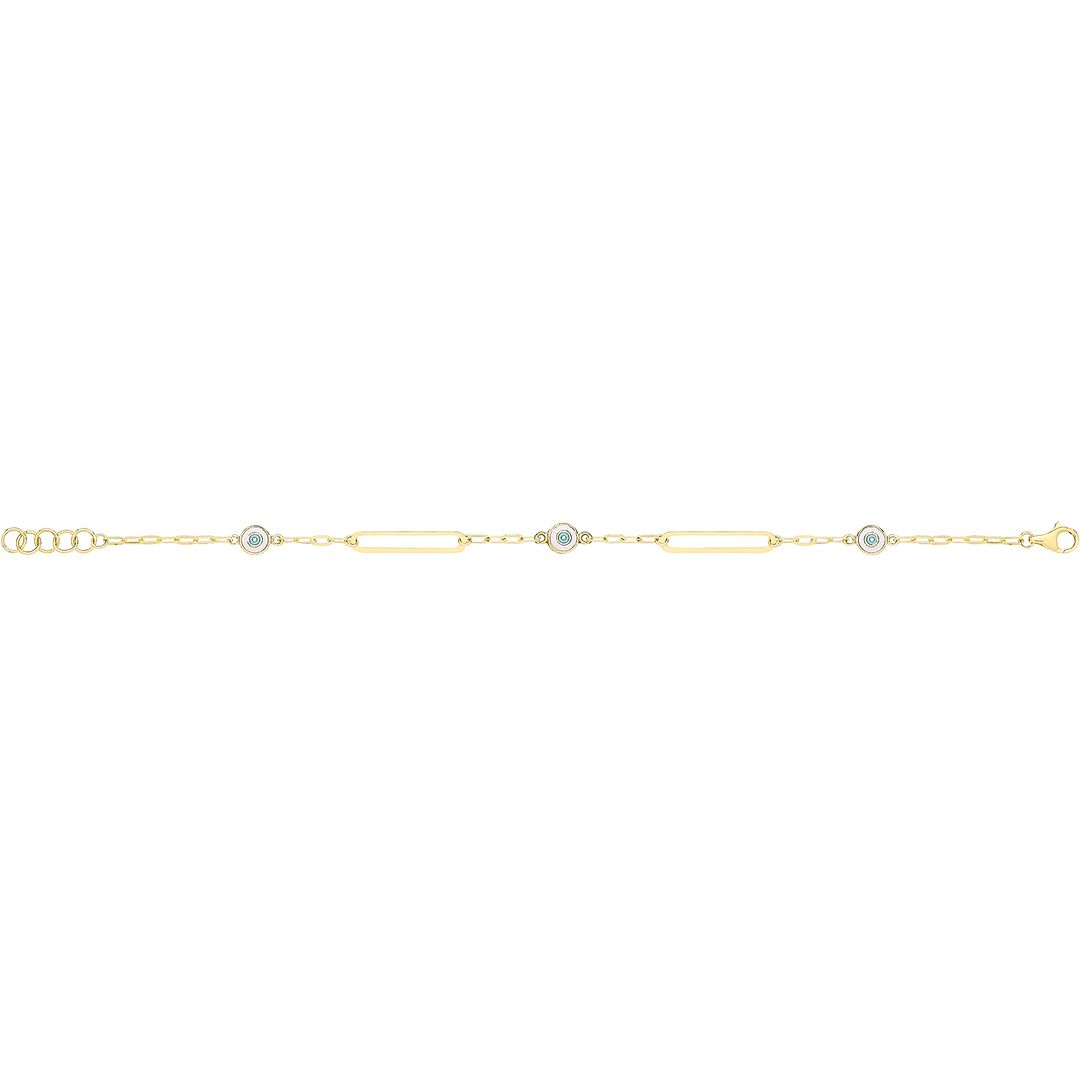 9 Carat (375) Yellow Gold Unisex White Turquoise Enamel Evil Eye Bracelet — 2.1g