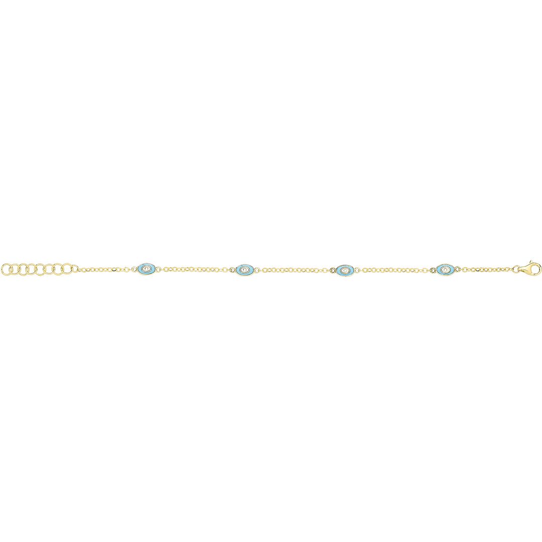 9 Carat (375) Yellow Gold Unisex White Turquoise Enamel Evil Eye Bracelet — 2.2g
