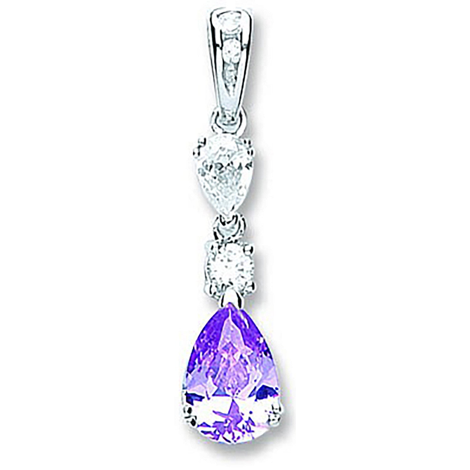 Sterling Silver Purple & Clear Pear Shaped Cubic Zirconia Drop Pendant