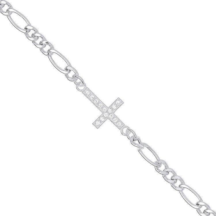 Sterling Silver Figaro Chain with Cubic Zirconia Cross Bracelet