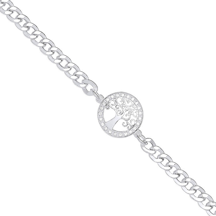Sterling Silver Flat Curb Chain , Cubic Zirconia Tree of Life Bracelet