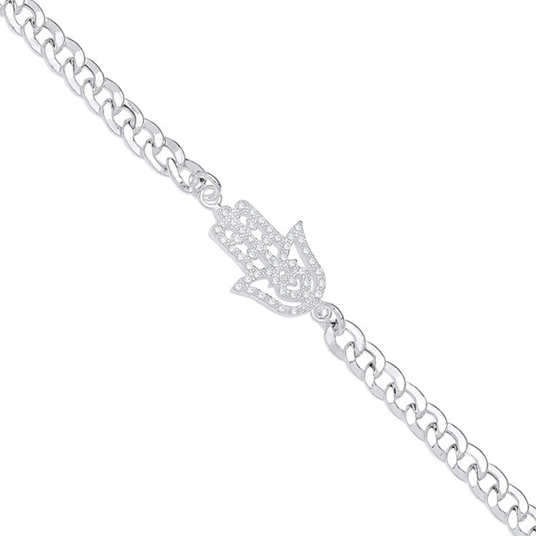 Sterling Silver Flat Curb Chain with Cubic Zirconia Hamsa Bracelet