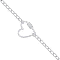 Sterling Silver Oval Link Chain , Heart Cubic Zirconia Charm Bracelet