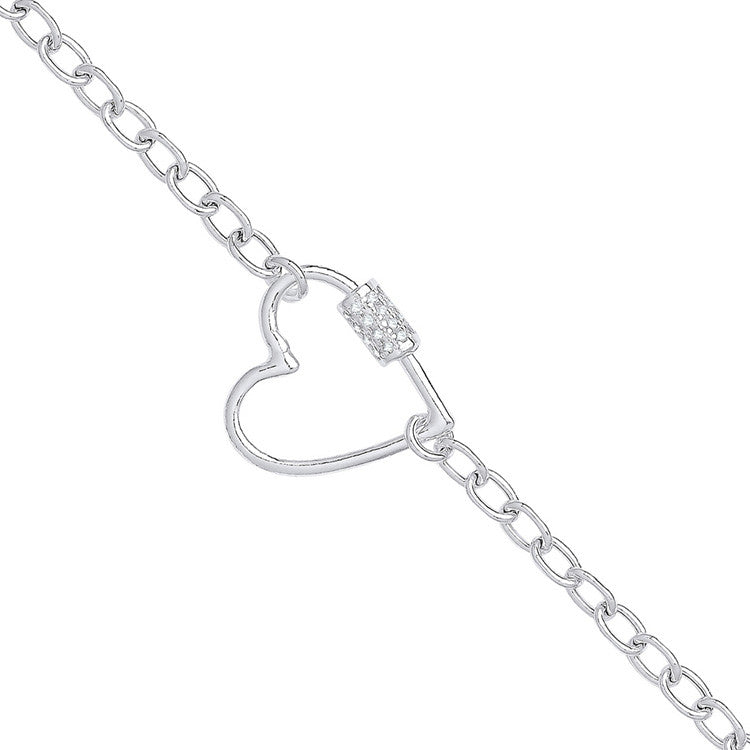 Sterling Silver Oval Link Chain , Heart Cubic Zirconia Charm Bracelet