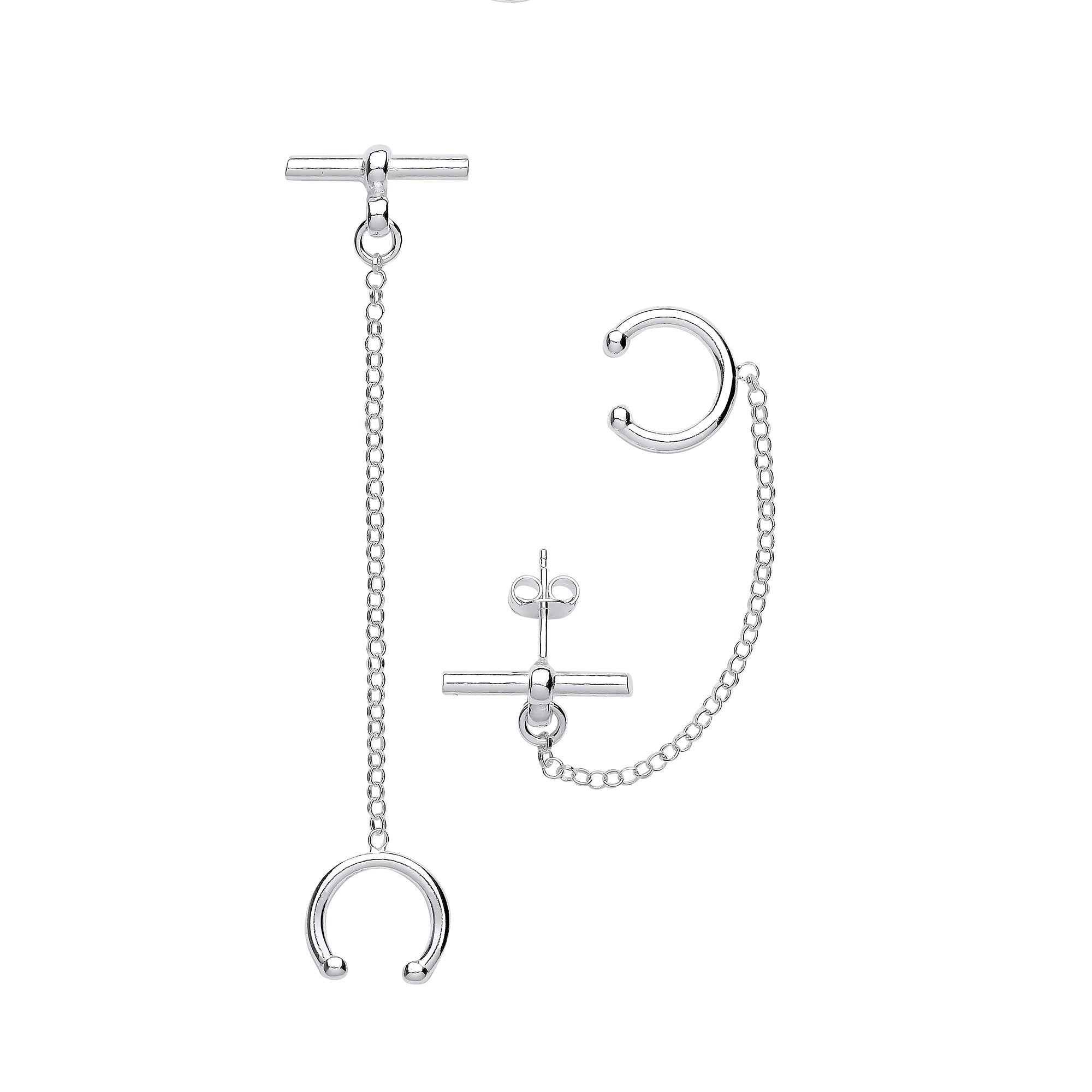 Sterling Silver T-Bar with chain Ear Cuff Earrings