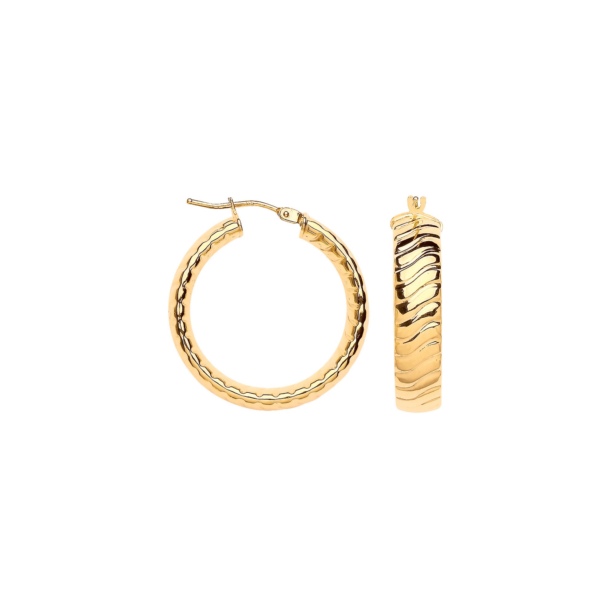 9ct Yellow Gold 25mm Wavy Ribbed Hoop Earrings
