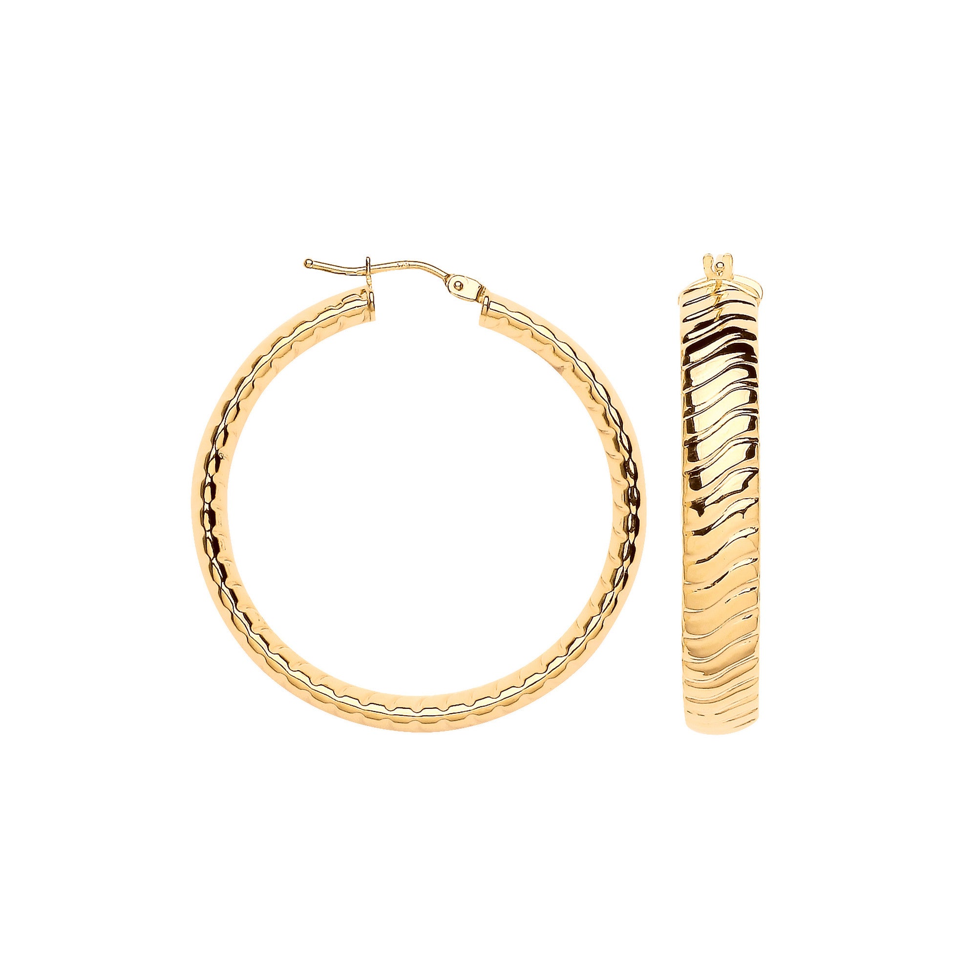 9ct Yellow Gold 36mm Wavy Ribbed Hoop Earrings
