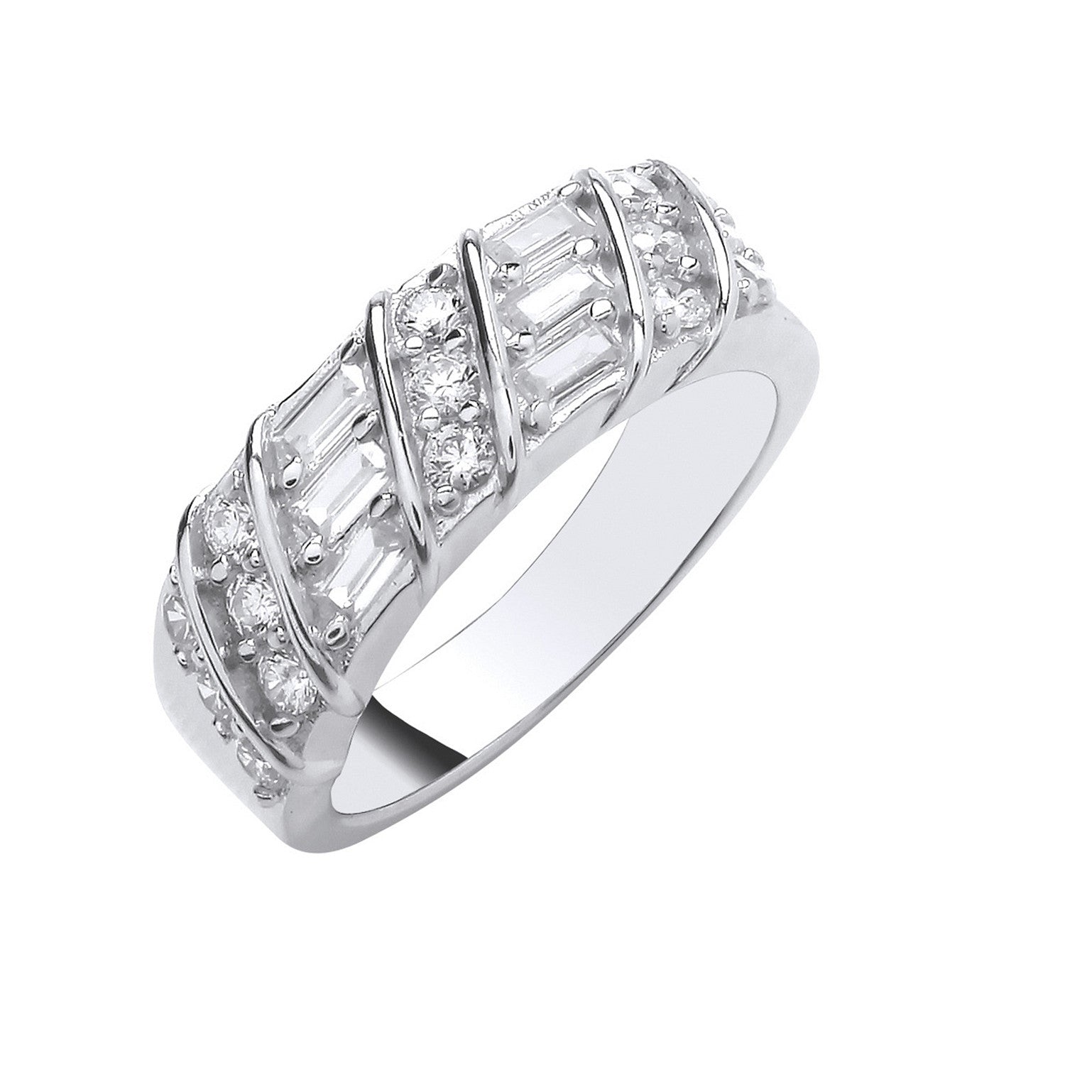 Sterling Silver Baguette & Round Cubic Zirconias Half Eternity Ring