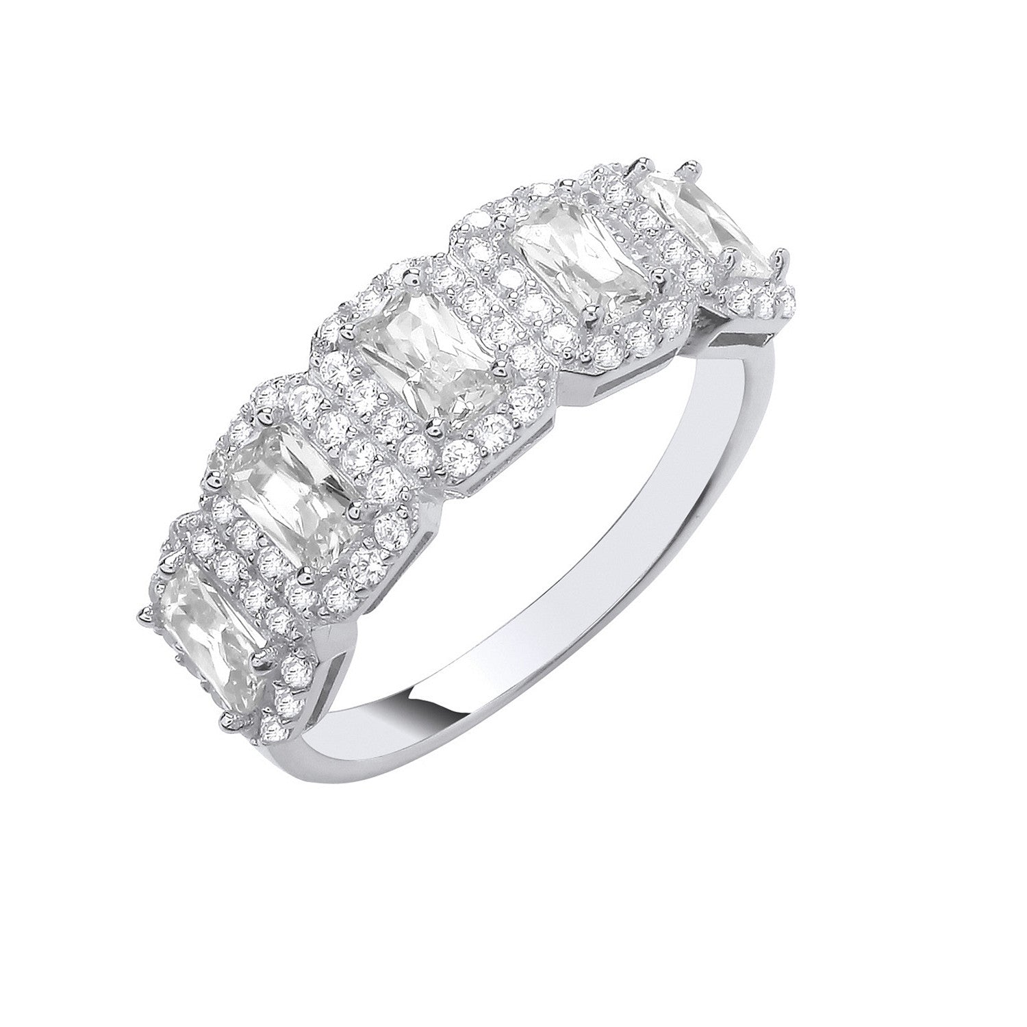 Sterling Silver 5 Emerald Cut Cubic Zirconias Halo Ring