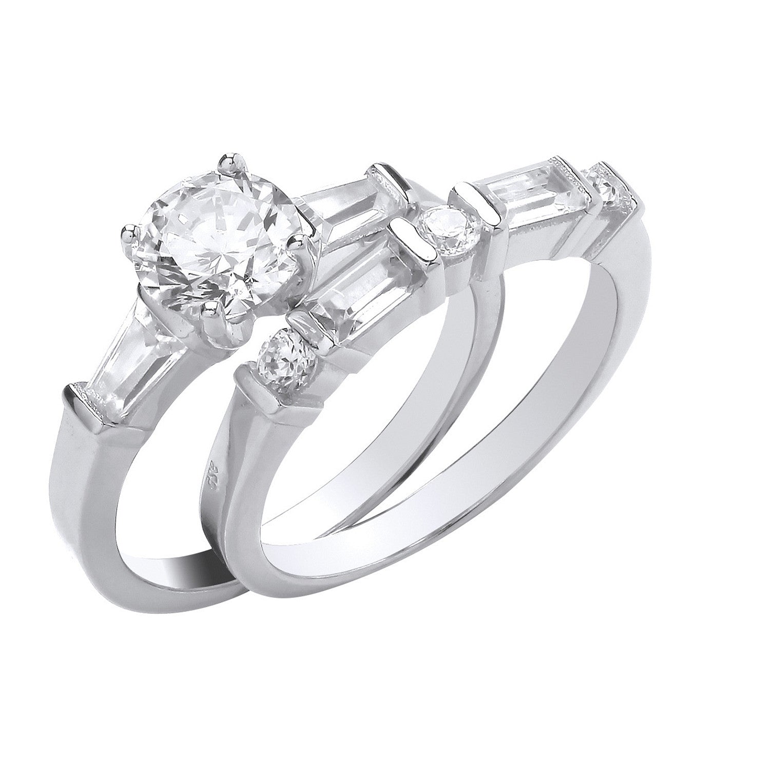 Sterling Silver Round and Baguette Cubic Zirconia Bridal Set Ring