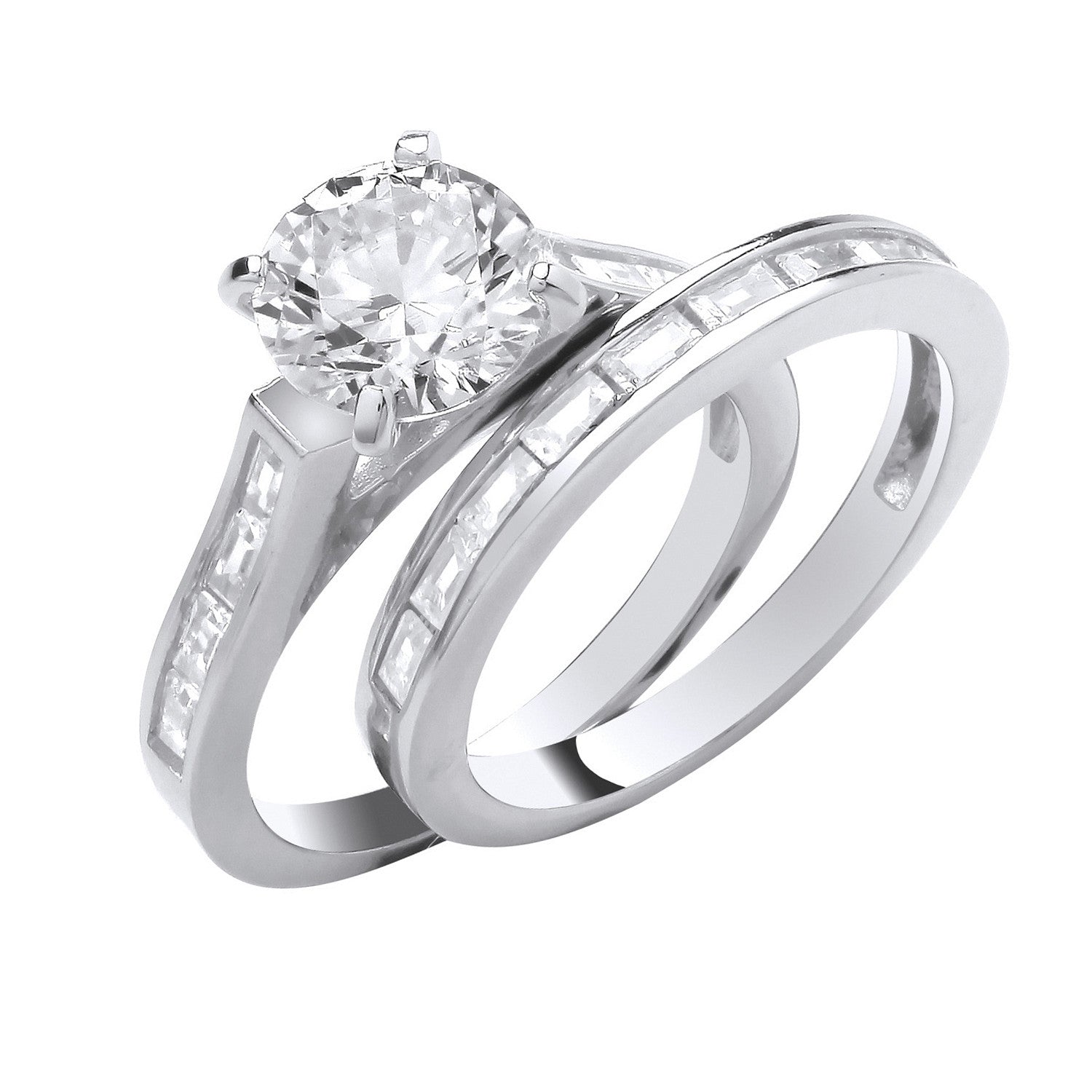 Sterling Silver Round & Baguette 8mm Centre Cubic Zirconia Bridal Set Ring