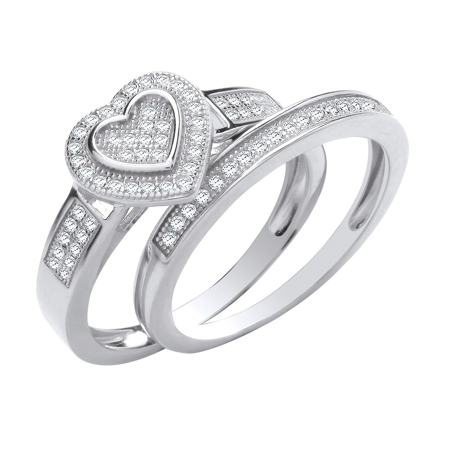 Sterling Silver Heart Bridal Set Cubic Zirconia Ring