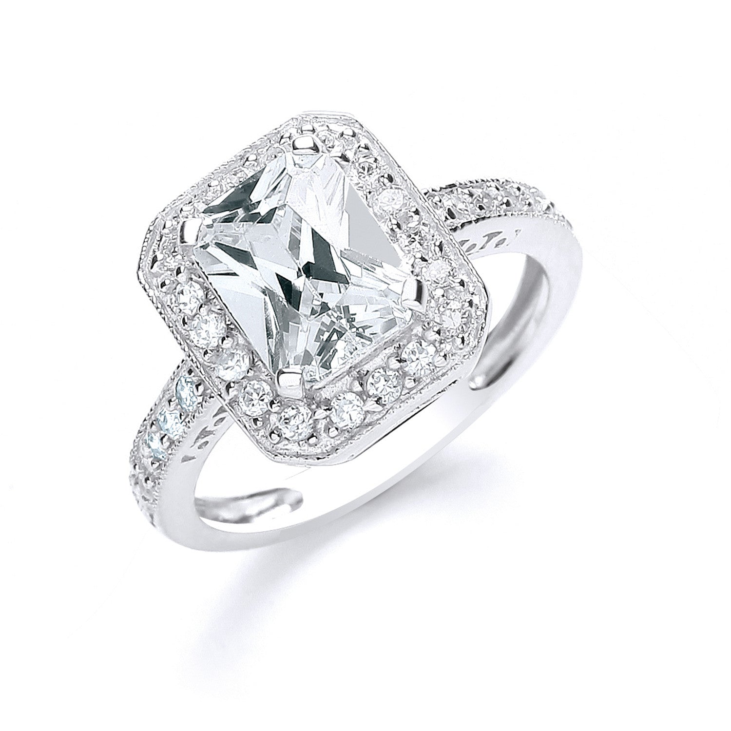 Sterling Silver Emerald Cut with Cubic Zirconia Surrounding & Shoulders Ring