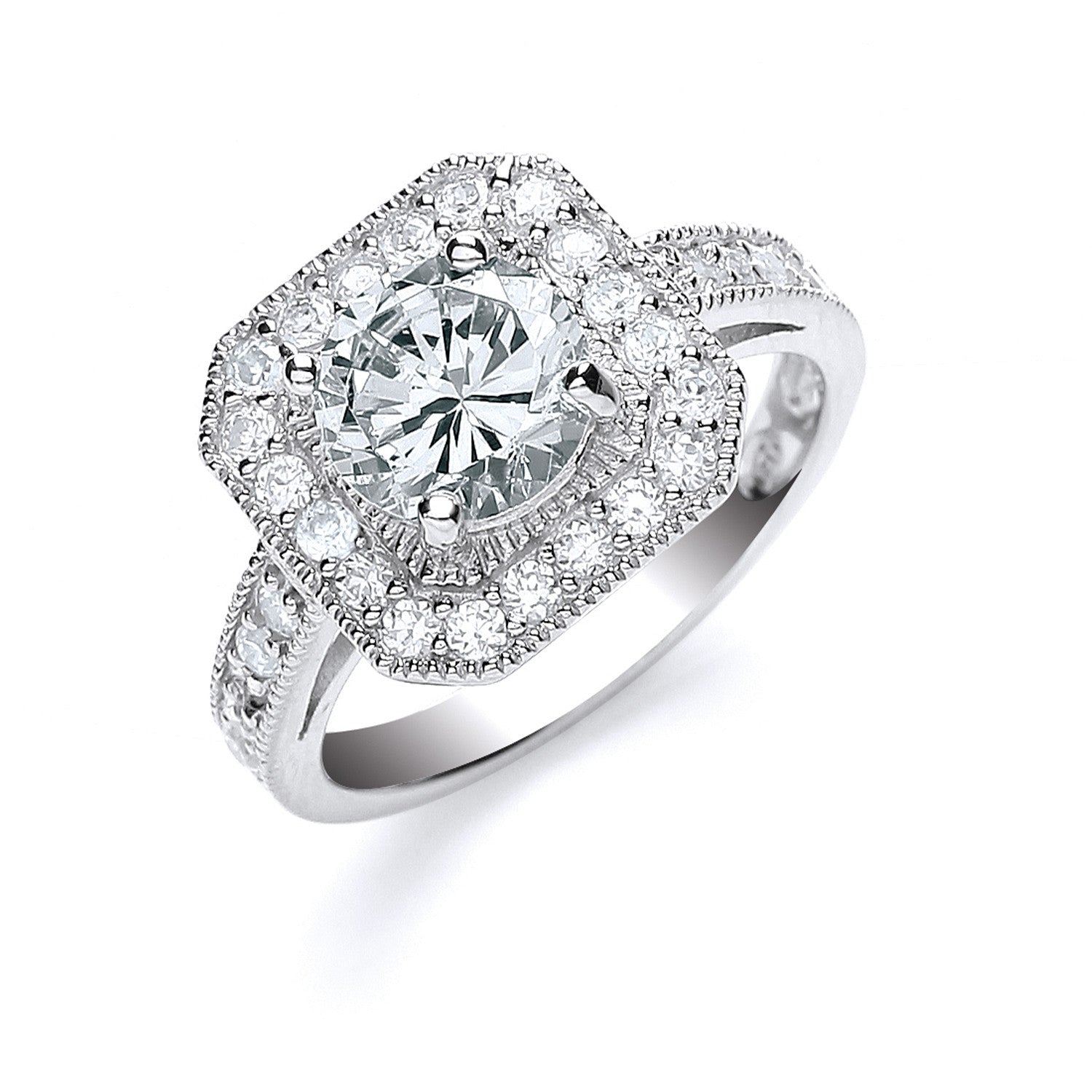 Sterling Silver Round Cut with Cubic Zirconia Surrounding & Shoulders Ring