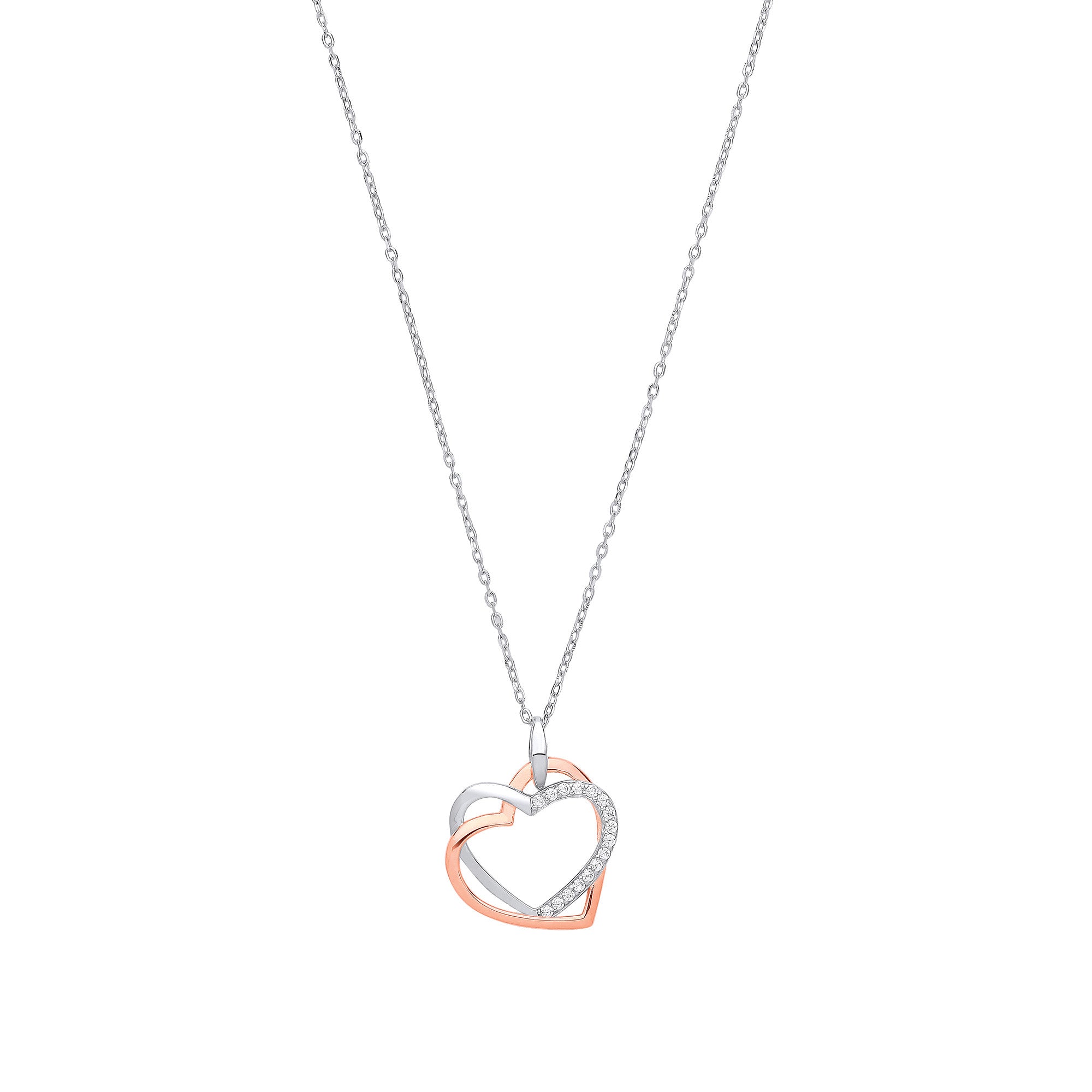 Sterling Silver Rose Gold Plated Cubic Zirconia Hearts Charm Necklace