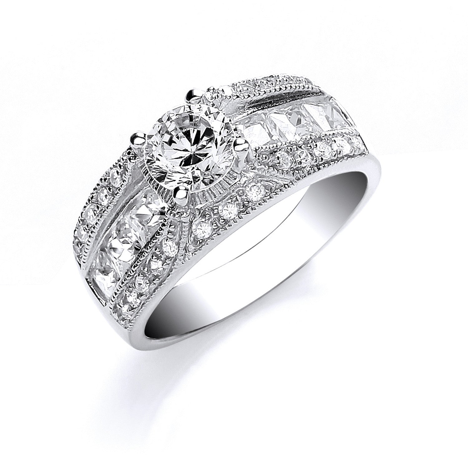 Sterling Silver Round with Princess & Round Cubic Zirconia on Shoulder Ring