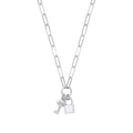 Sterling Silver Paper Clip Chain , Padlock & Cubic Zirconia Key Necklace