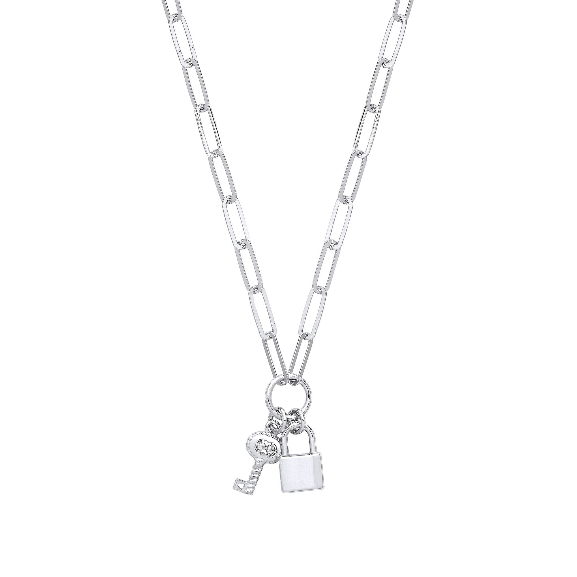 Sterling Silver Paper Clip Chain , Padlock & Cubic Zirconia Key Necklace
