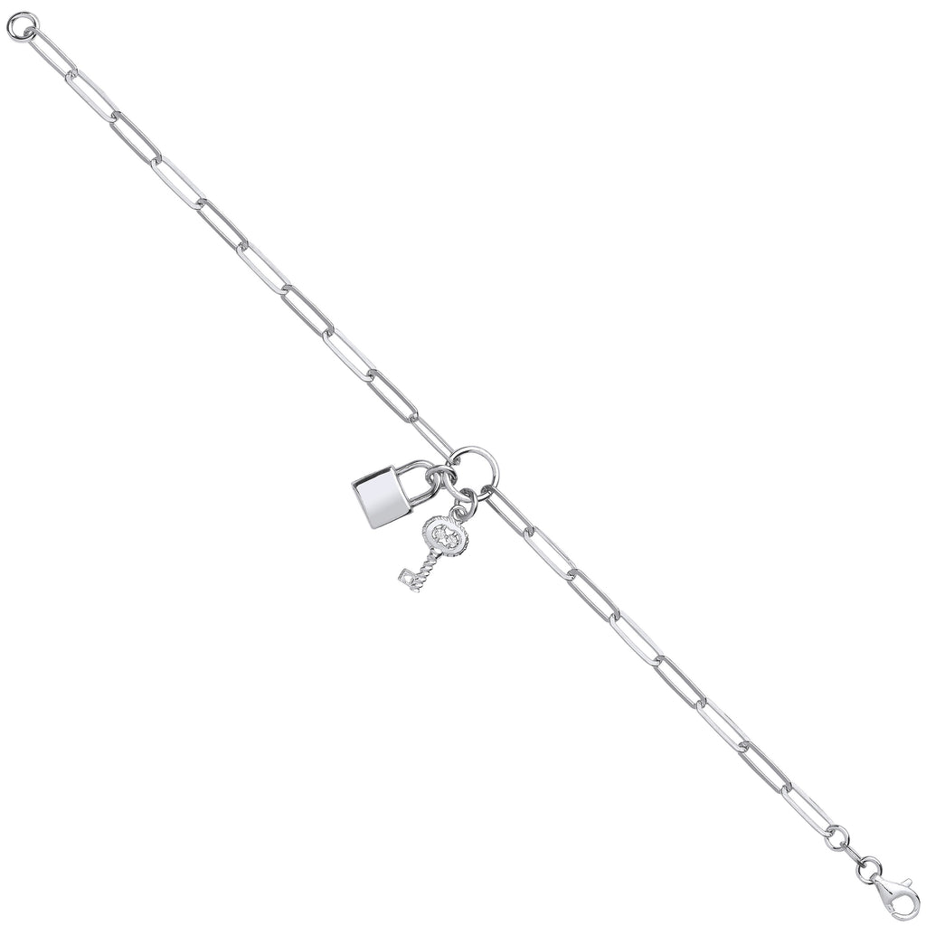 Sterling Silver Paper Clip Chain , Padlock & Cubic Zirconia Key Bracelet