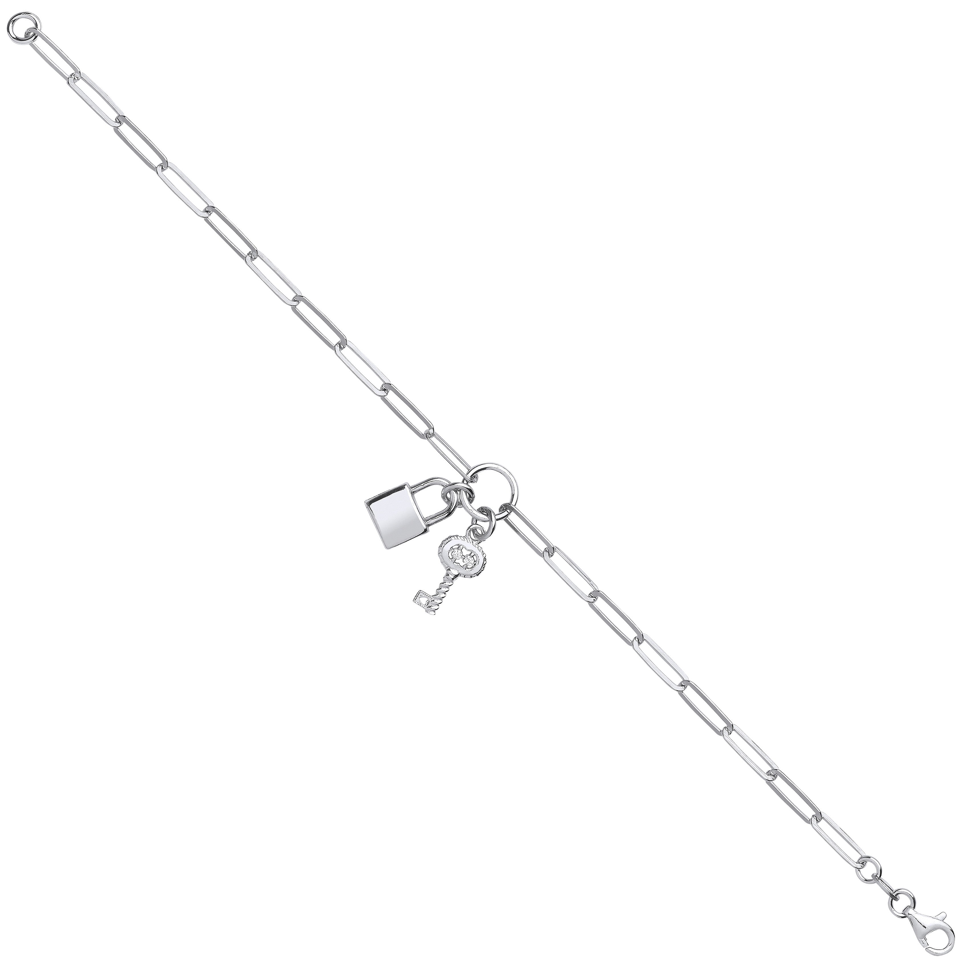 Sterling Silver Paper Clip Chain , Padlock & Cubic Zirconia Key Bracelet