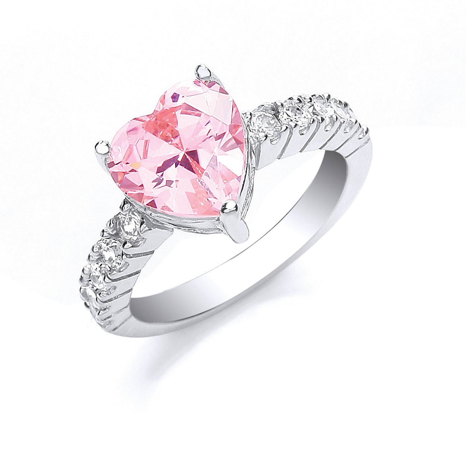 Sterling Silver Pink Heart Cubic Zirconia with Cubic Zirconia on Shoulder Ring