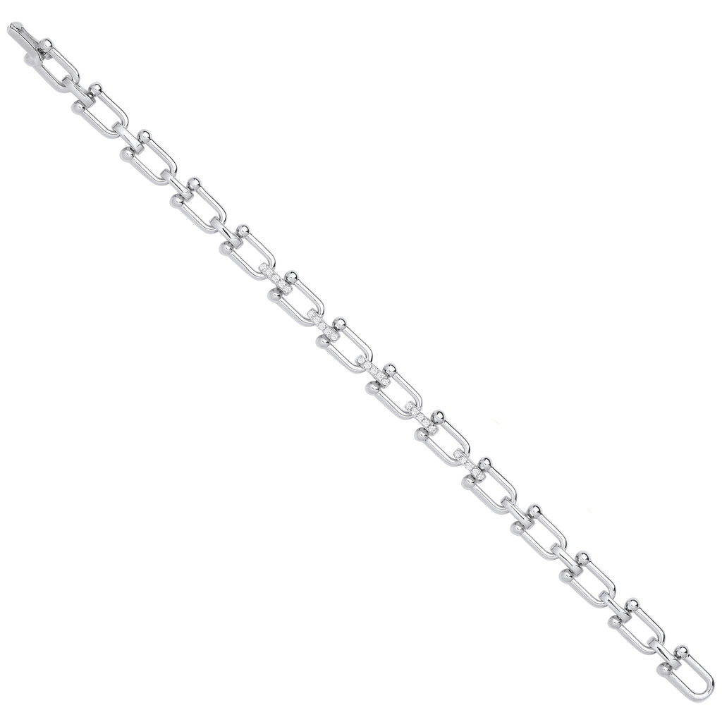 Sterling Silver Bike Lock Link with Cubic Zirconias Ladies Bracelet