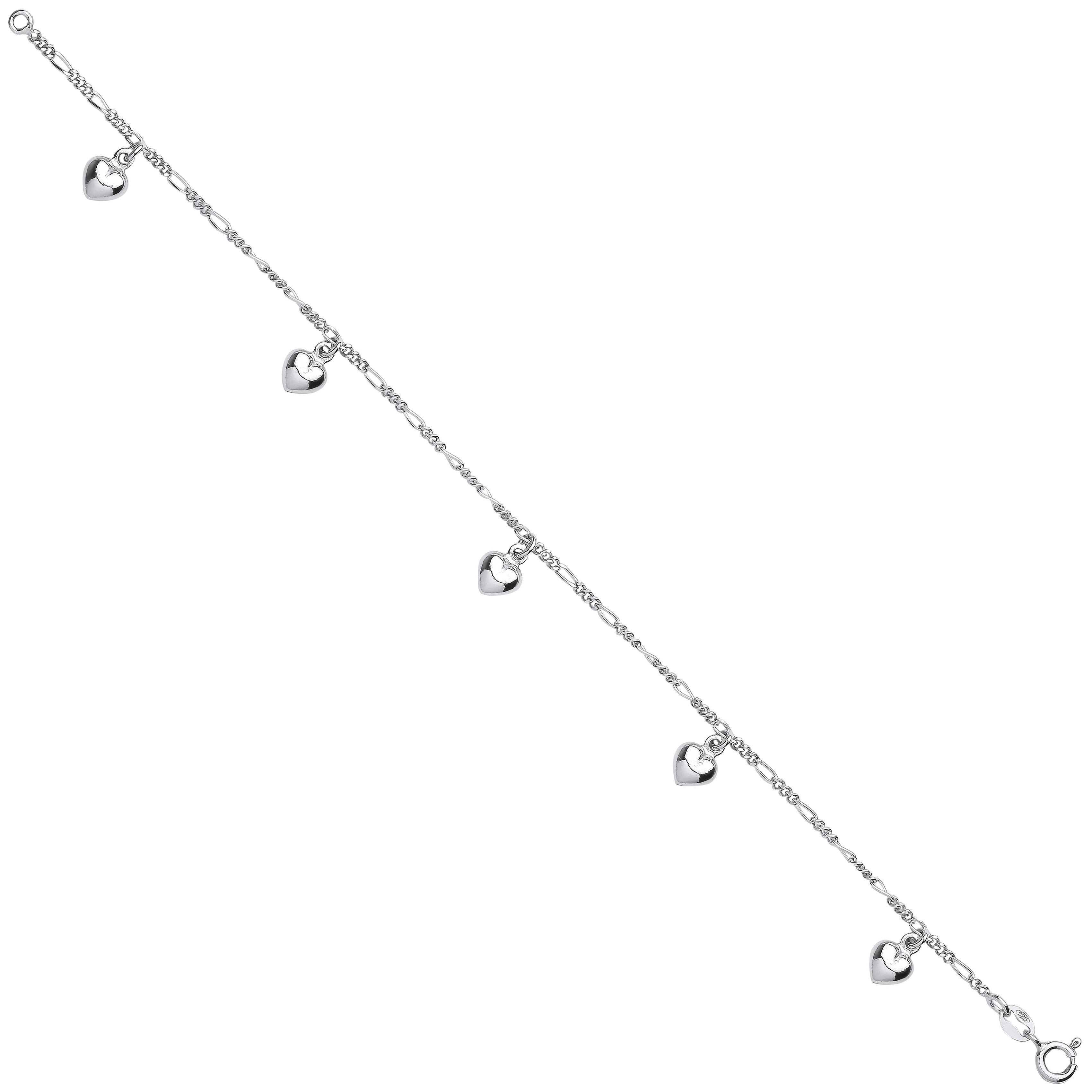 Sterling Silver small figaro chain with heart charms bracelet