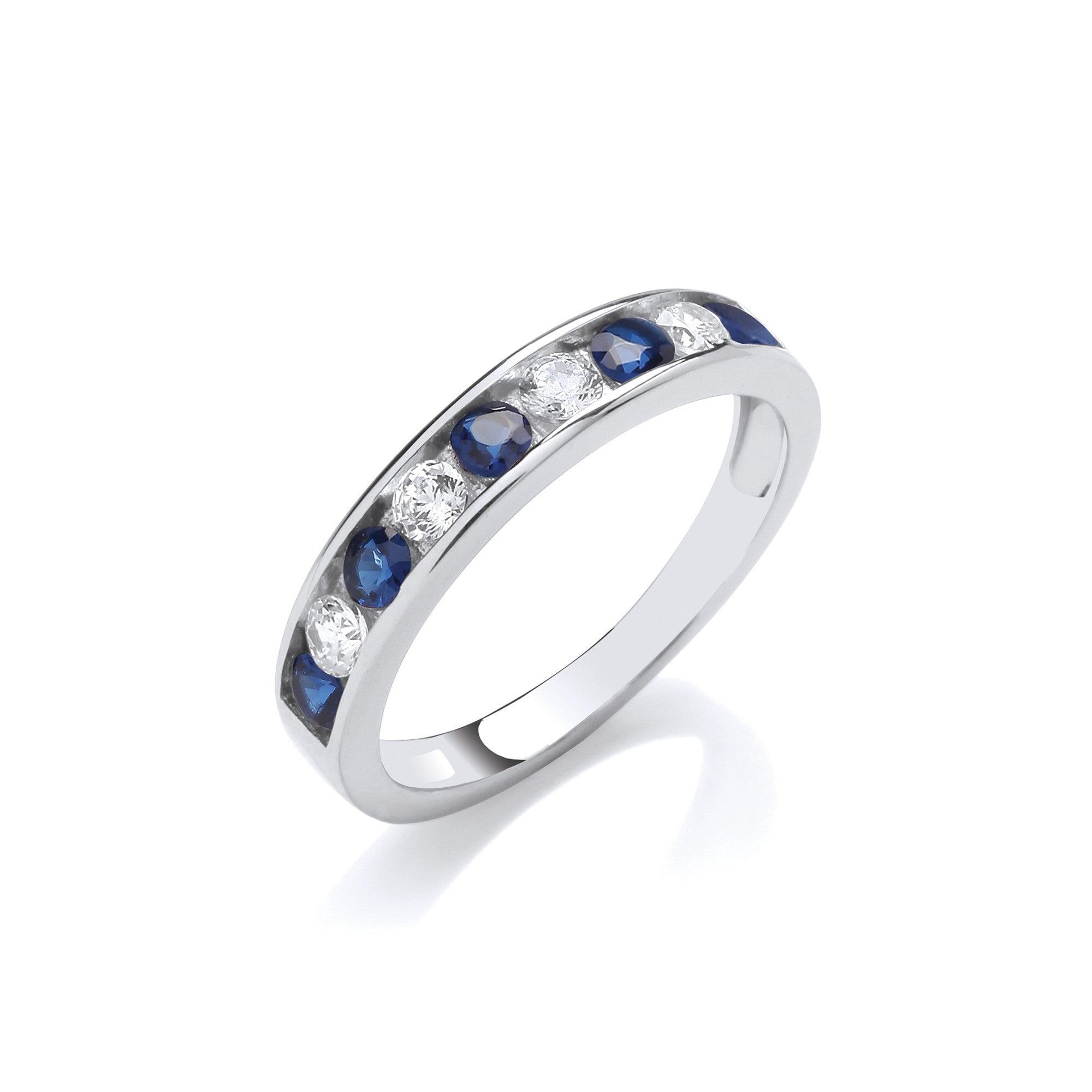 Sapphire Blue & Clear Cubic Zirconia Half Eternity Sterling Silver Ring