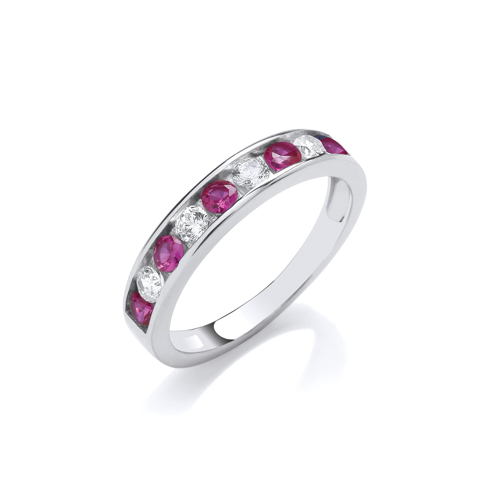 Ruby Red & Clear Cubic Zirconia Half Eternity Sterling Silver Ring