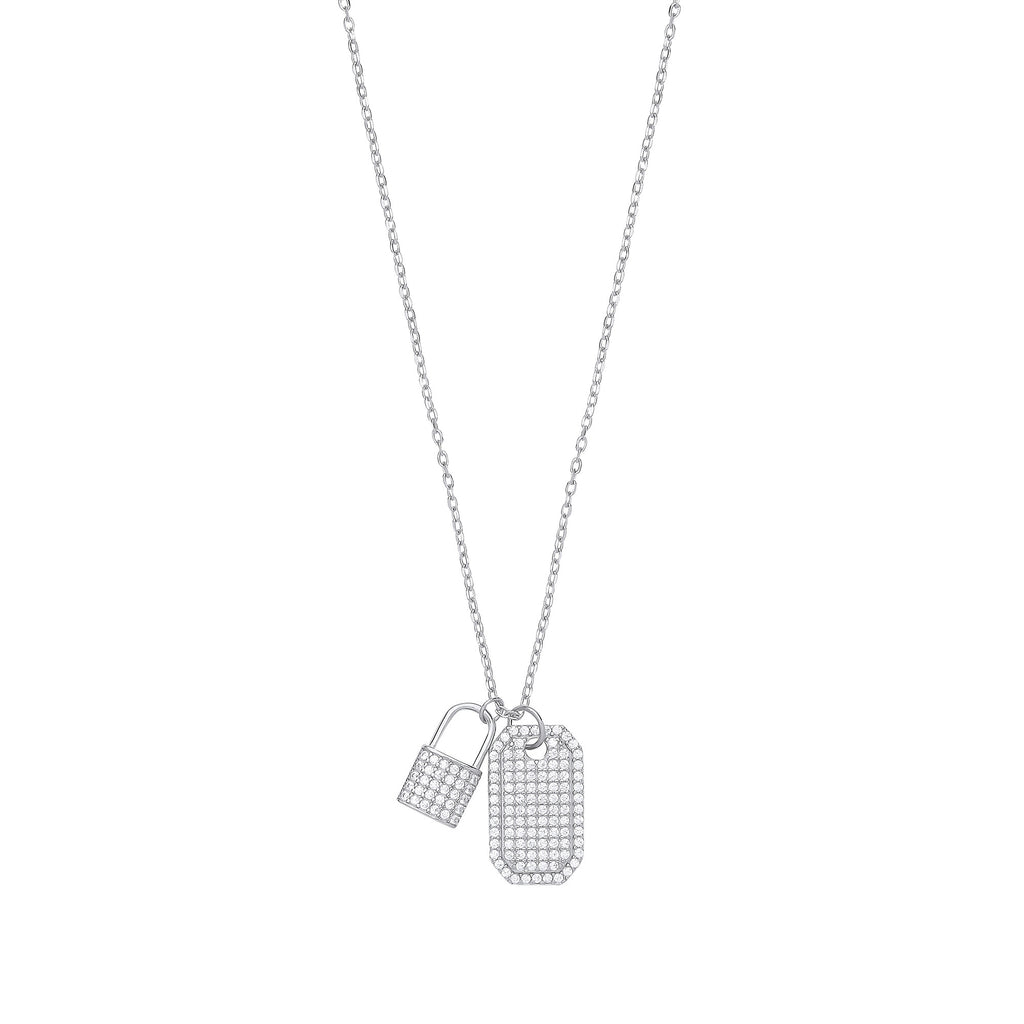 Sterling Silver Cubic Zirconia Padlock & Dog Tag Necklace