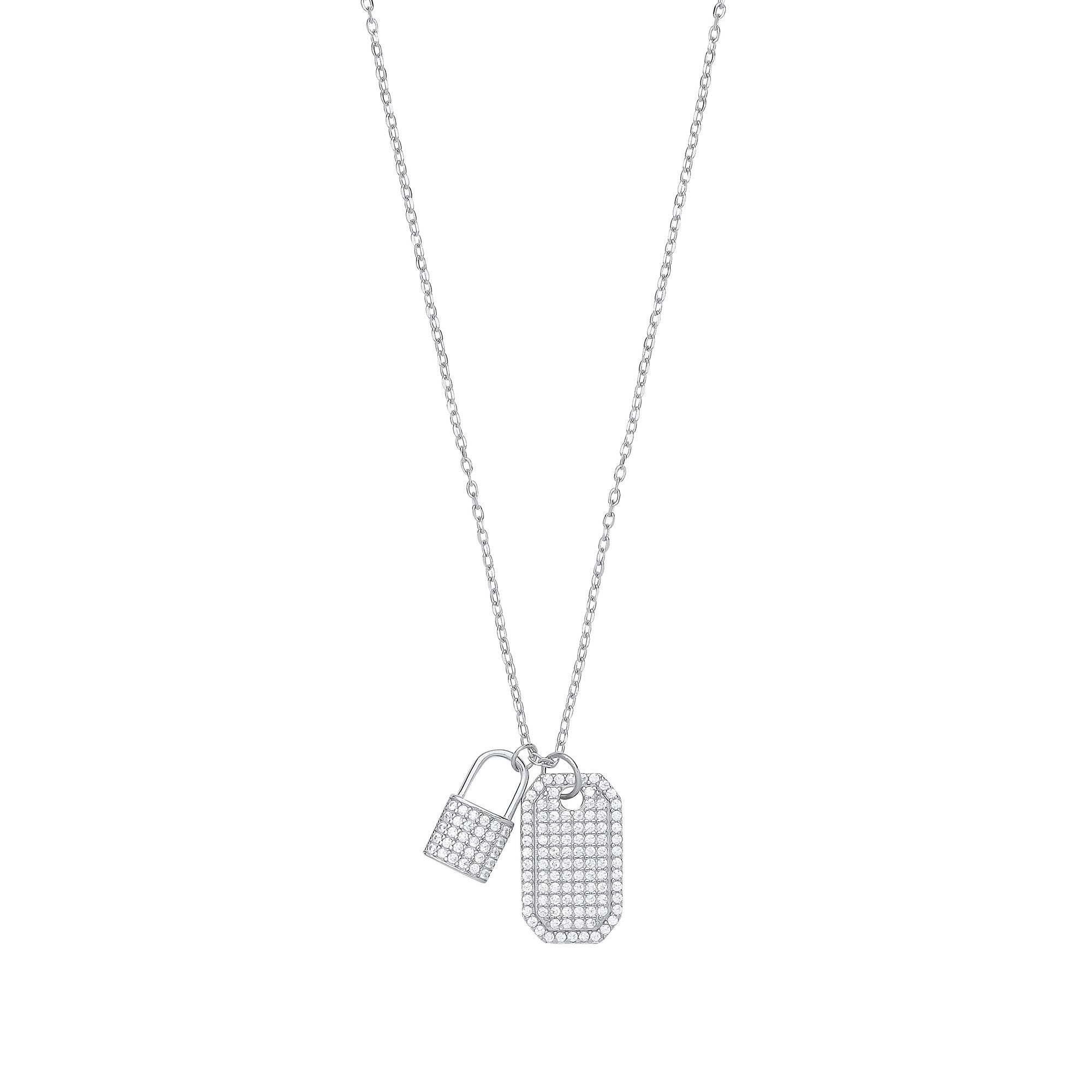 Sterling Silver Cubic Zirconia Padlock & Dog Tag Necklace