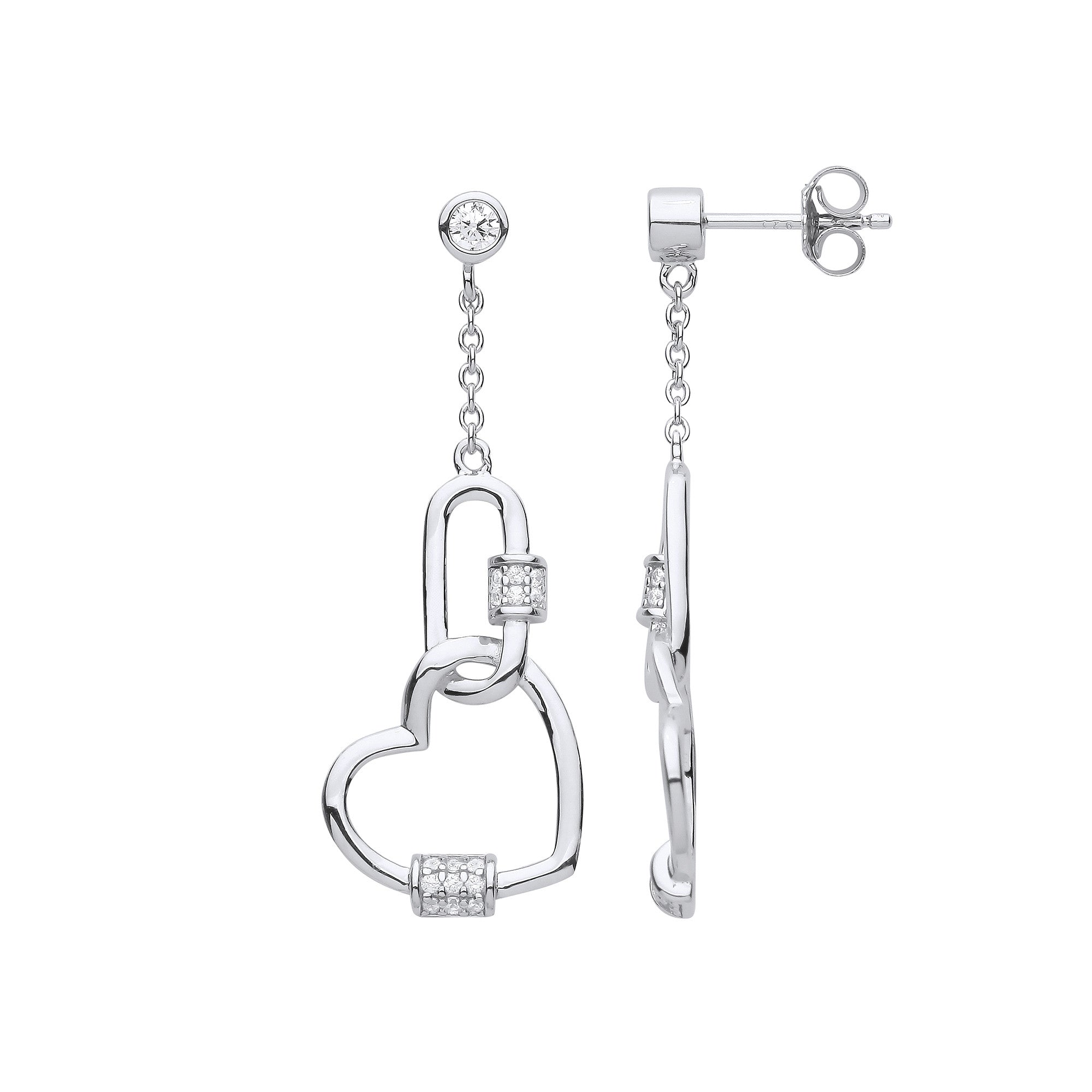 Sterling Silver Heart Paper Clip Cubic Zirconia Drop Earrings