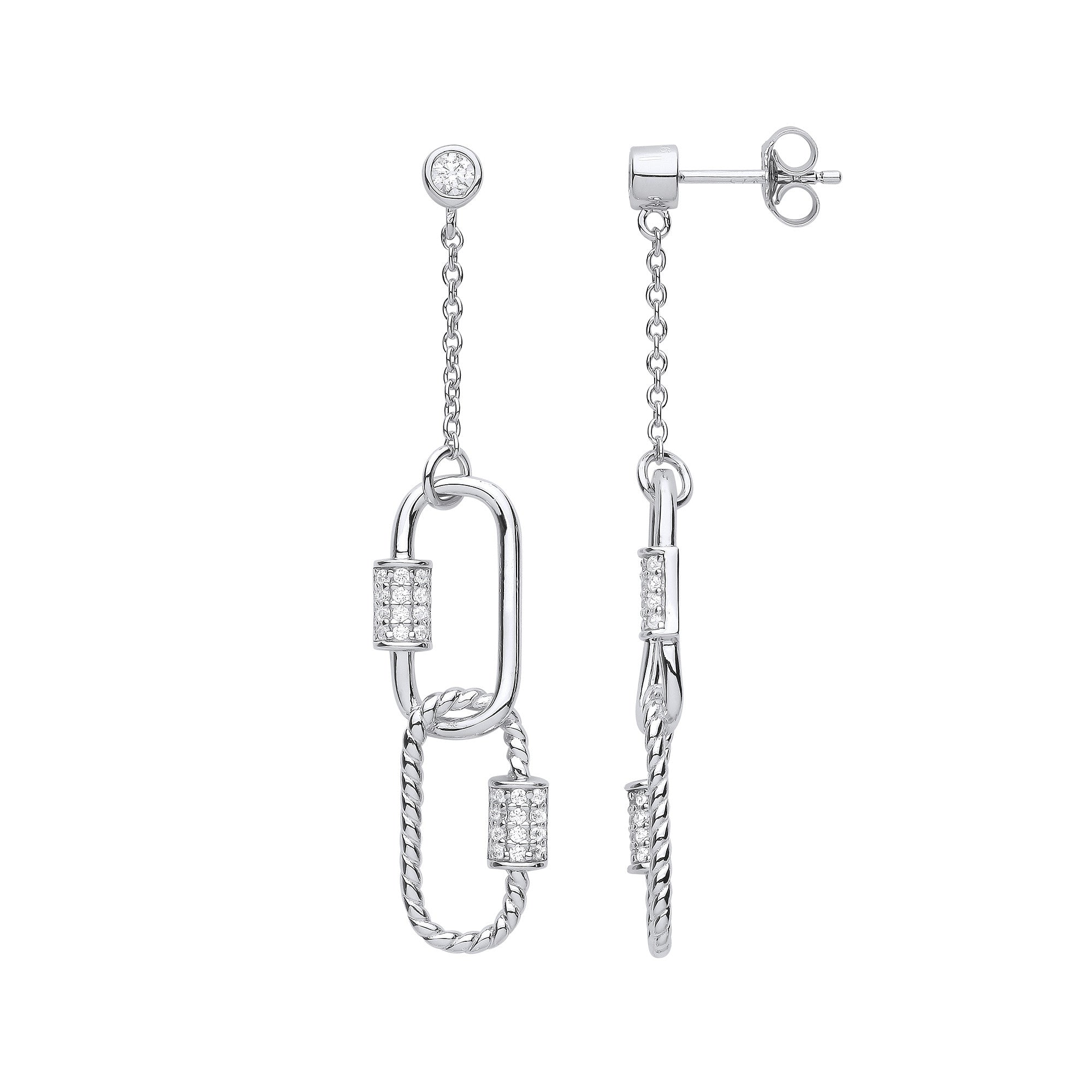 Sterling Silver Paper Clip Cubic Zirconia Drop Earrings