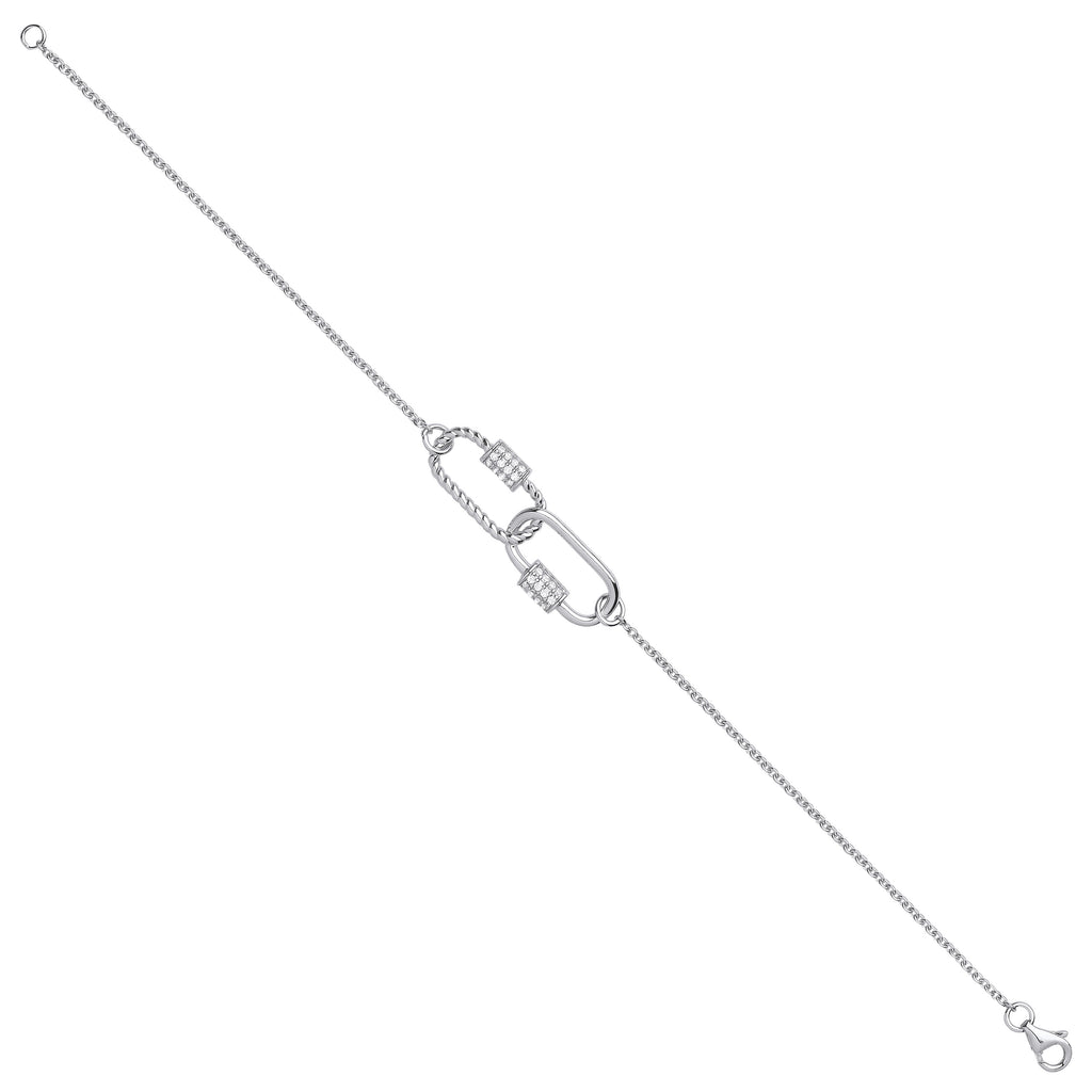 Sterling Silver Paper Clip Cubic Zirconia Ladies Bracelet