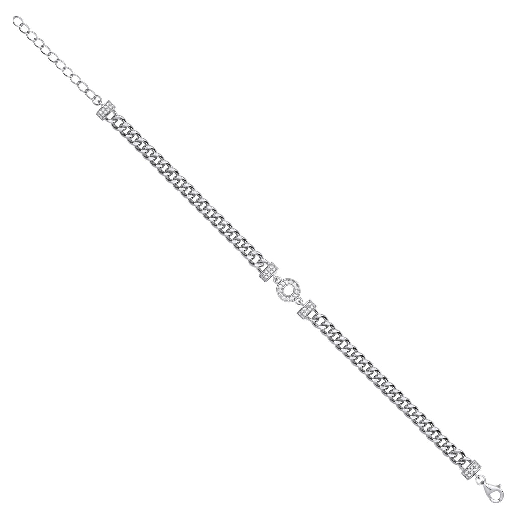 Sterling Silver Circle of Life Cubic Zirconia Ladies Curb Bracelet