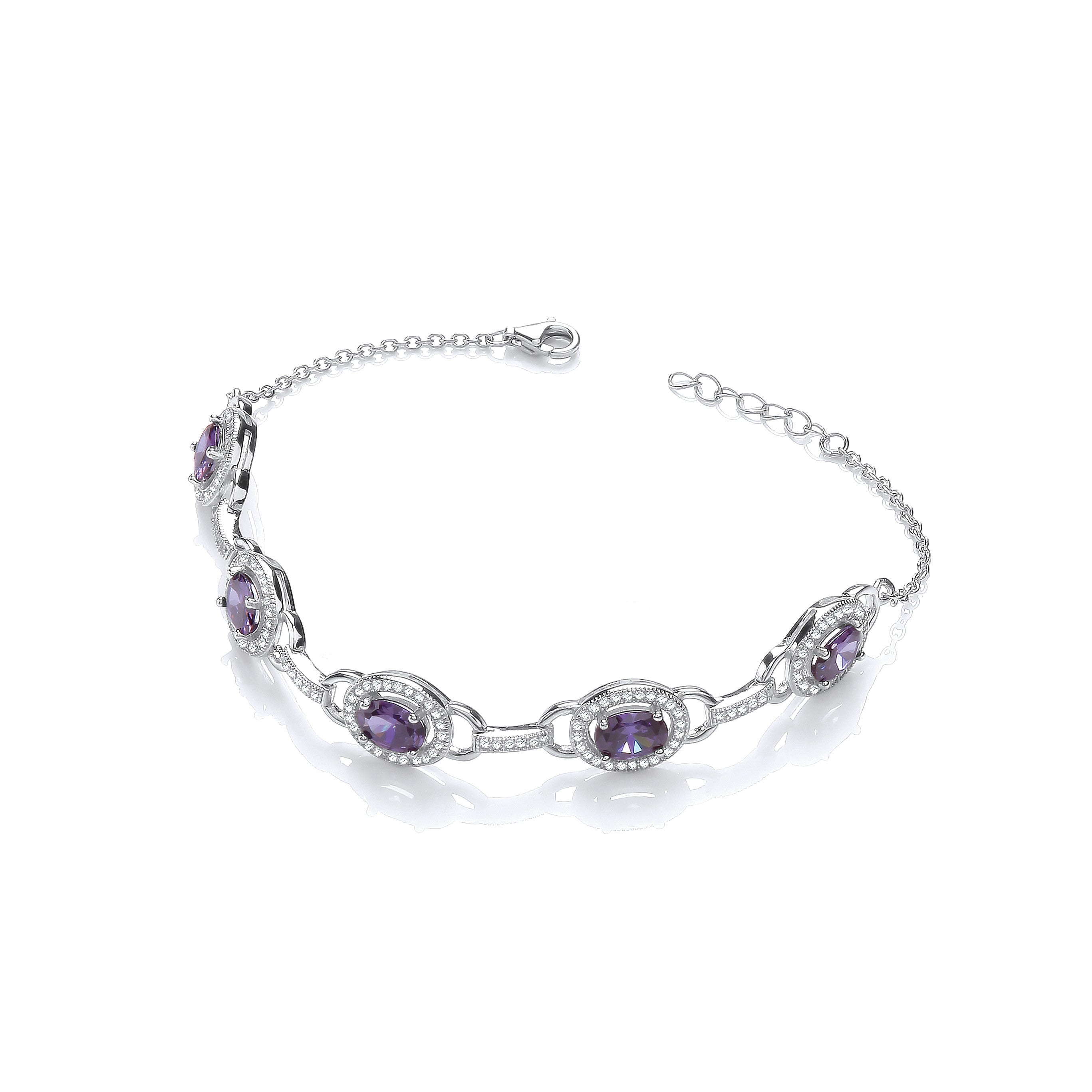 Amethyst & Clear Cubic Zirconias Halo Style Ladies Sterling Silver Bracelet
