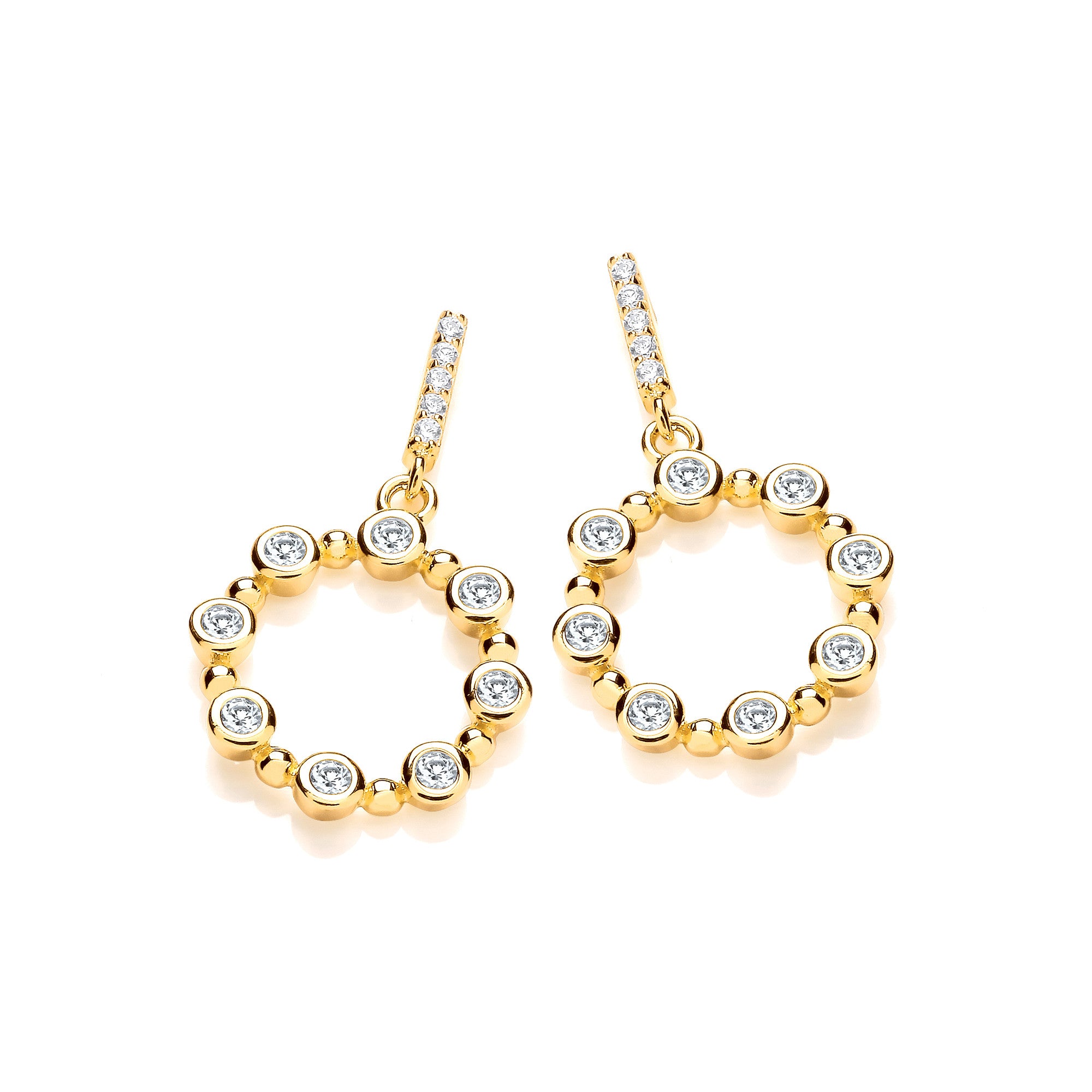 Yellow Gold Plated Sterling Silver Rubover Cubic Zirconias Circle Drop Earrings