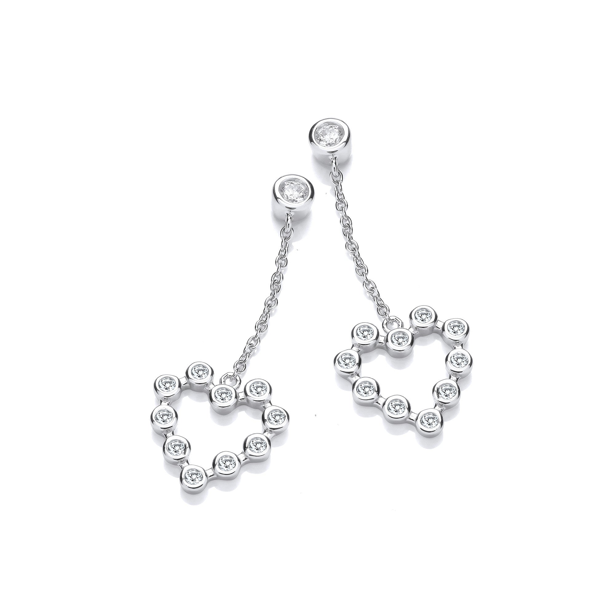 Sterling Silver Heart Rubover Cubic Zirconias Chain Drop Earrings