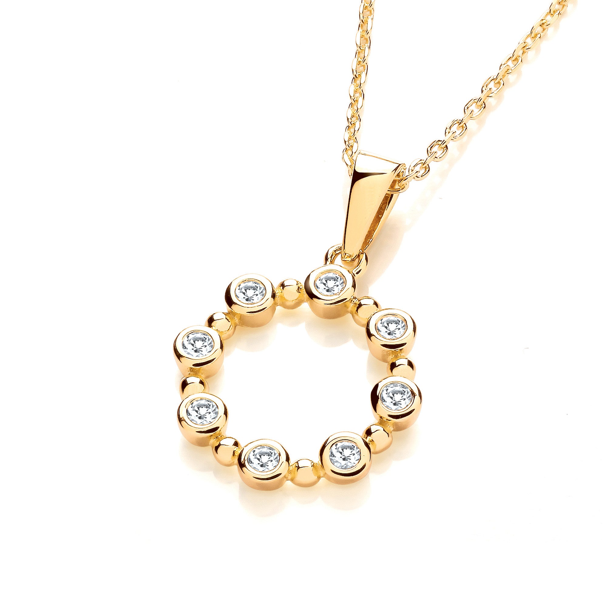 Yellow Gold Plated Sterling Silver Rubover Cubic Zirconias Circle Pendant with Chain