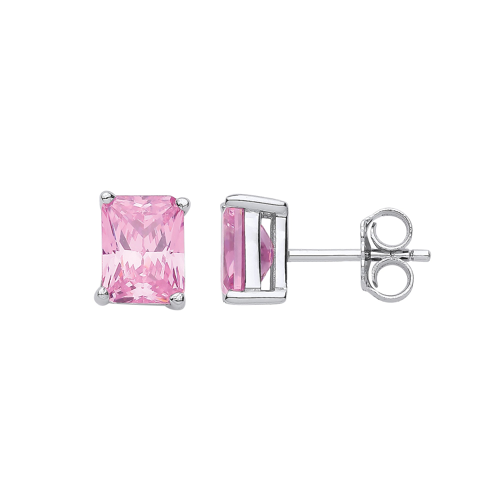 Sterling Silver Pink Cubic Zirconia Emerald Cut Stud Earrings