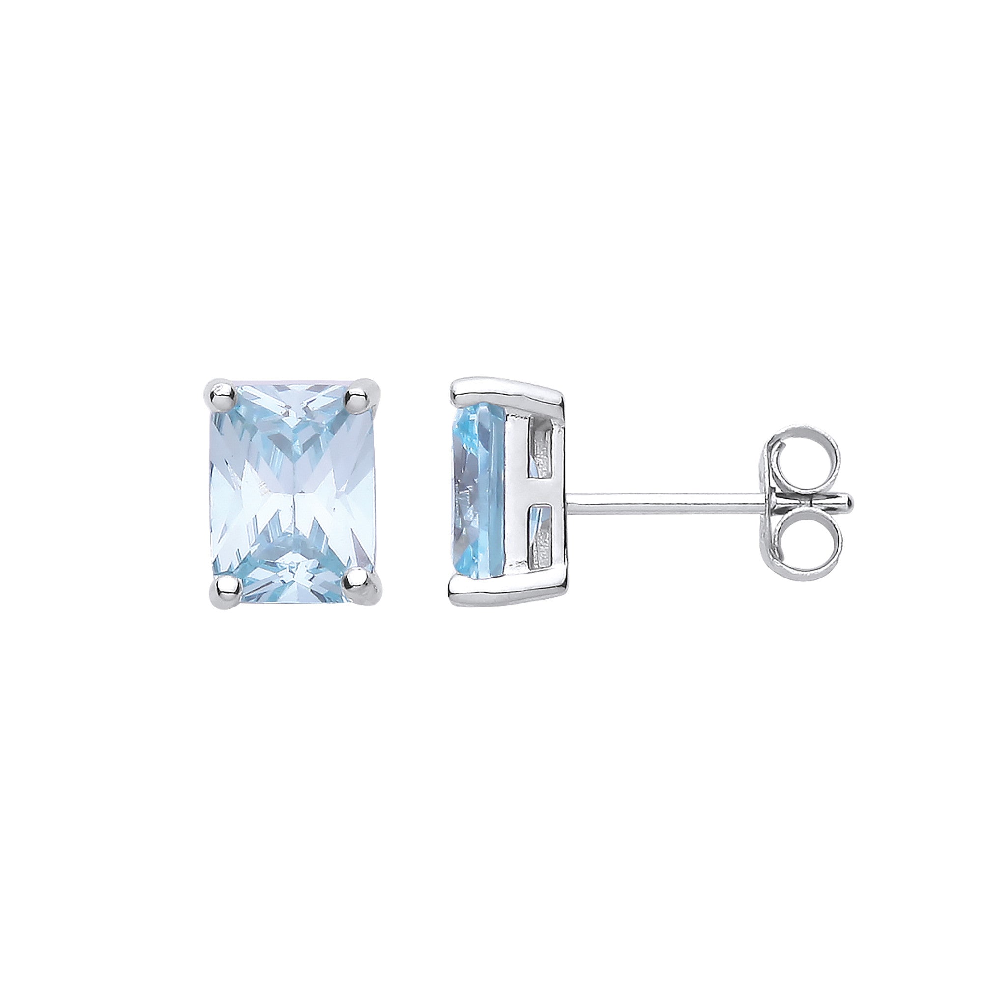 Sterling Silver Blue Cubic Zirconia Emerald Cut Stud Earrings