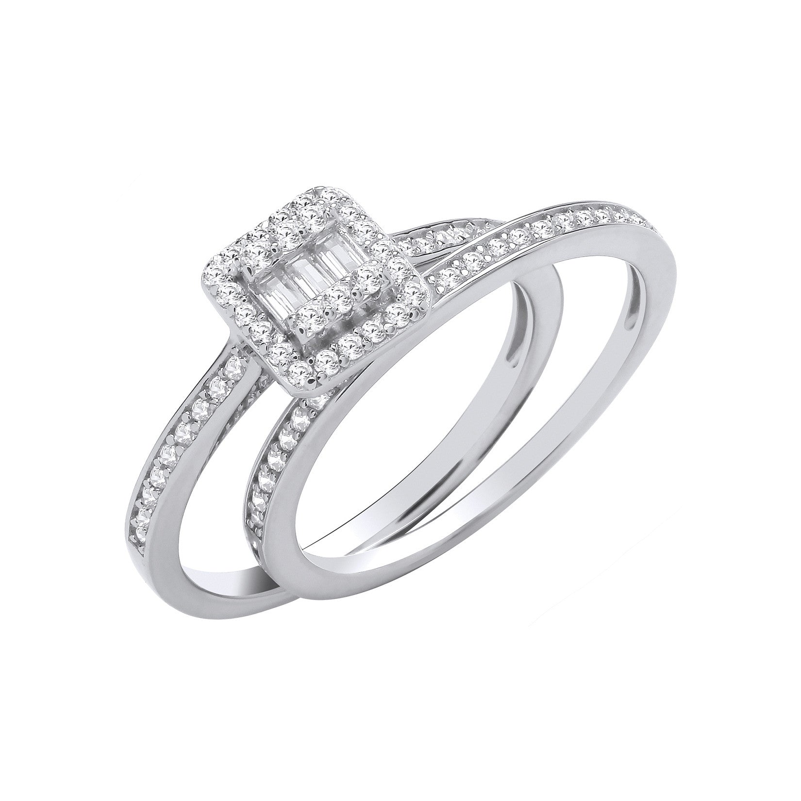 Sterling Silver Bridal Set Baguettes Centre & Round Cubic Zirconias Half Eternity Ring