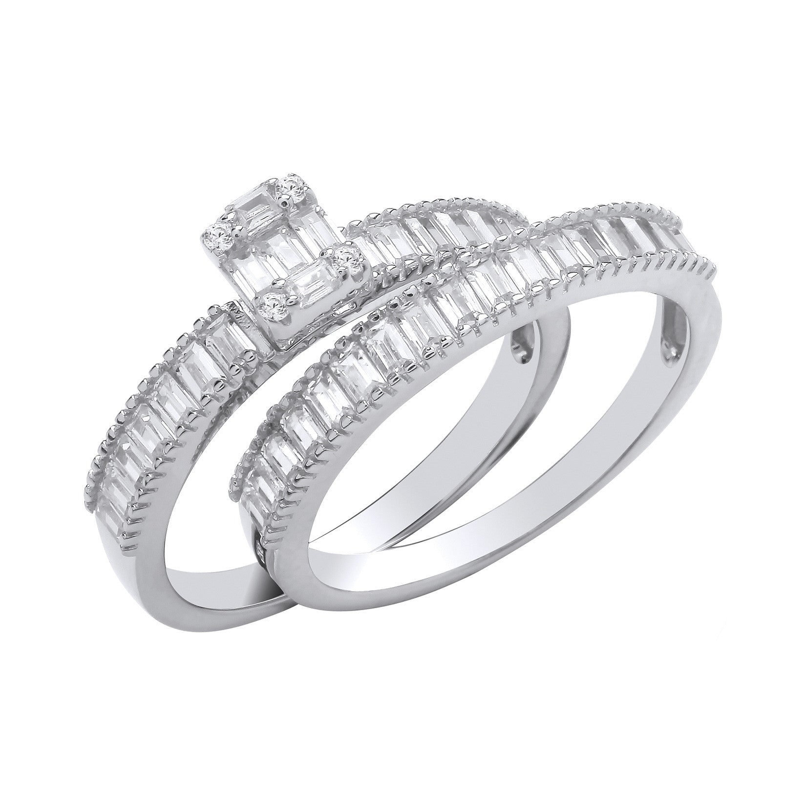 Sterling Silver Bridal Set Baguette Cubic Zirconias Half Eternity Ring