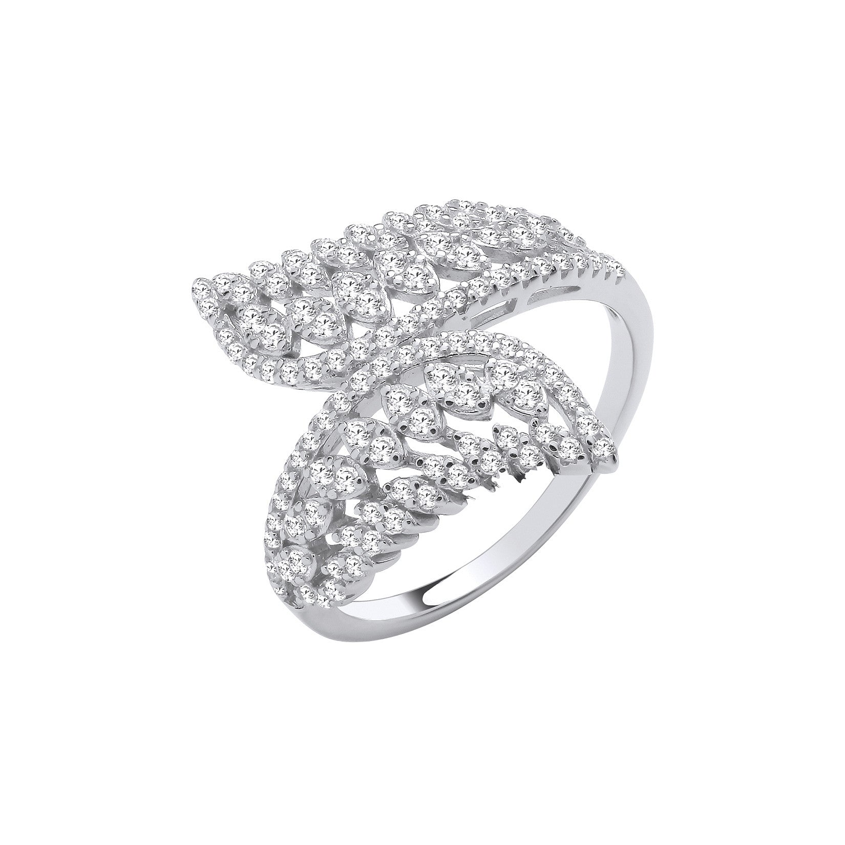 Sterling Silver Cross Over Leaf Style Cubic Zirconias Ring