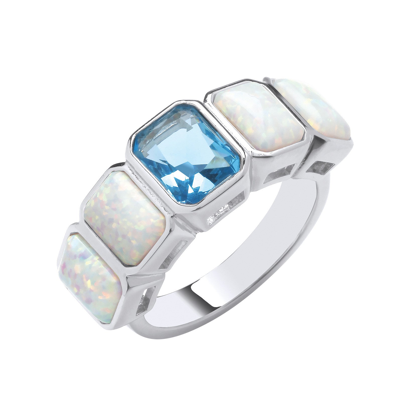 Sterling Silver Opal & Blue Cubic Zirconia Stones Ring