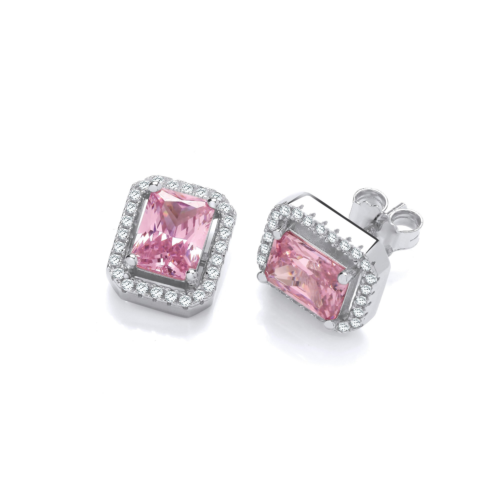 Sterling Silver Pink Cubic Zirconias Halo Stud Earrings