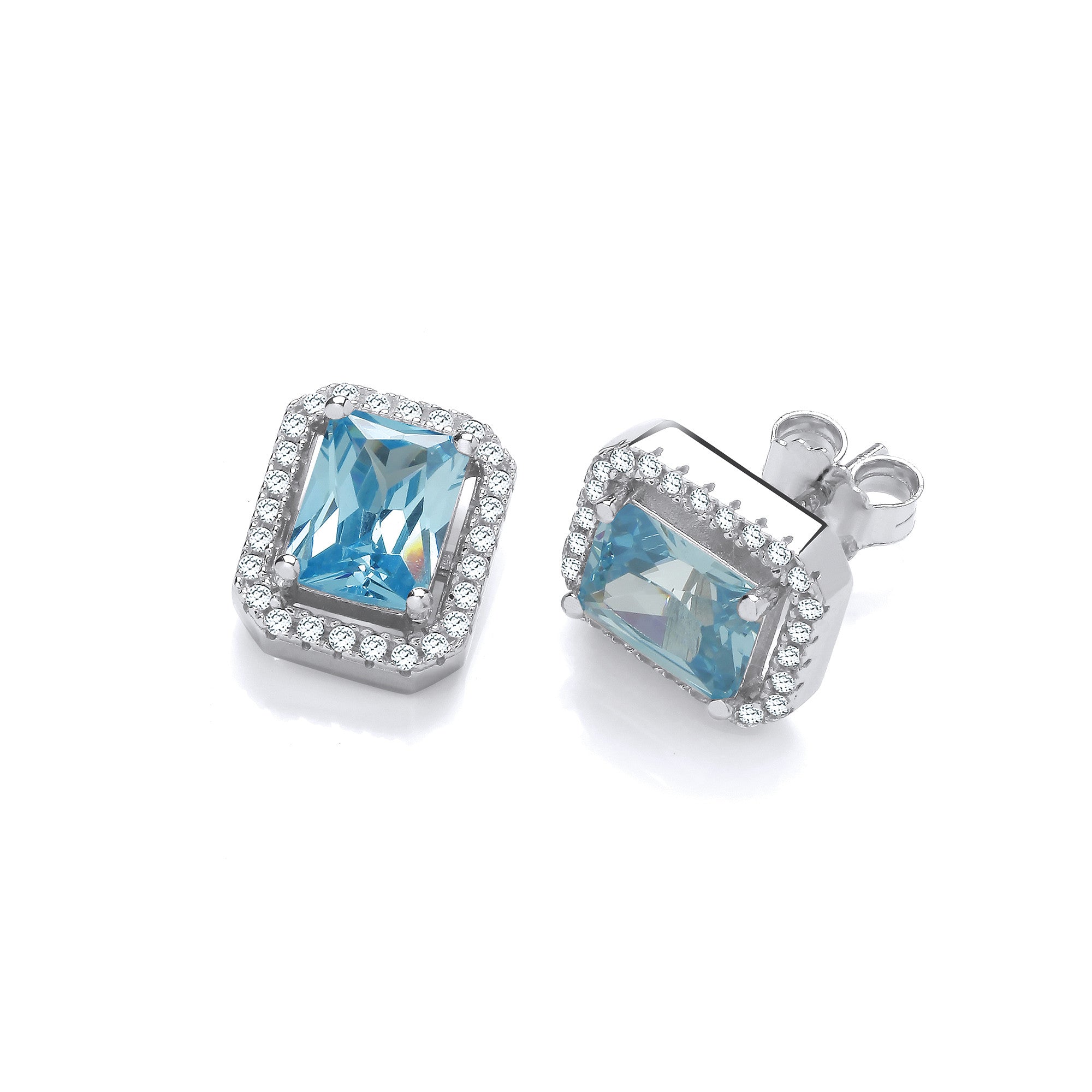Sterling Silver Blue Cubic Zirconias Halo Stud Earrings