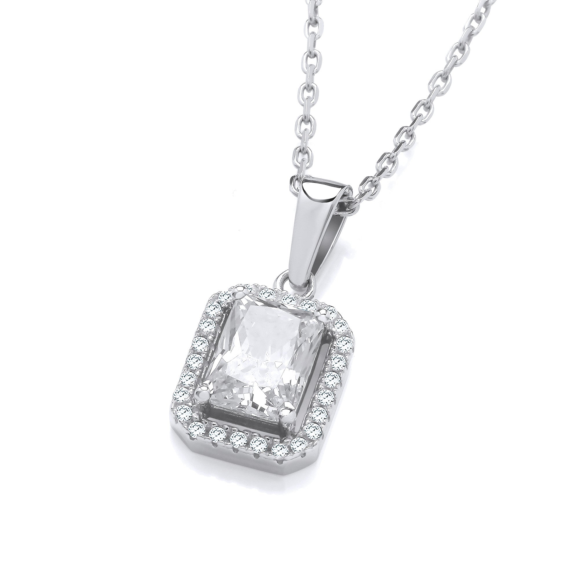 Sterling Silver Clear Cubic Zirconias Halo Stud Pendant with Chain