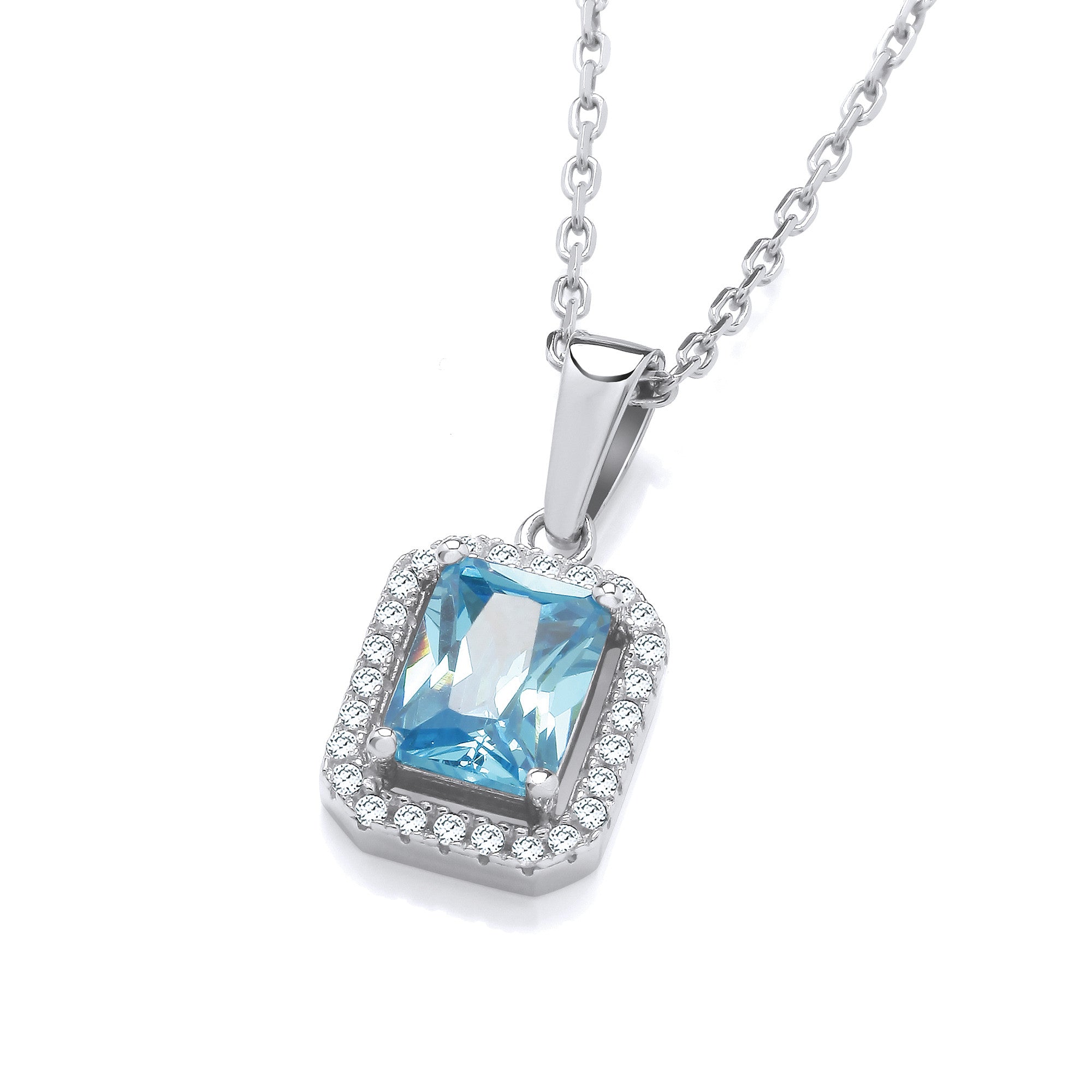 Sterling Silver Blue Cubic Zirconias Halo Stud Pendant with Chain