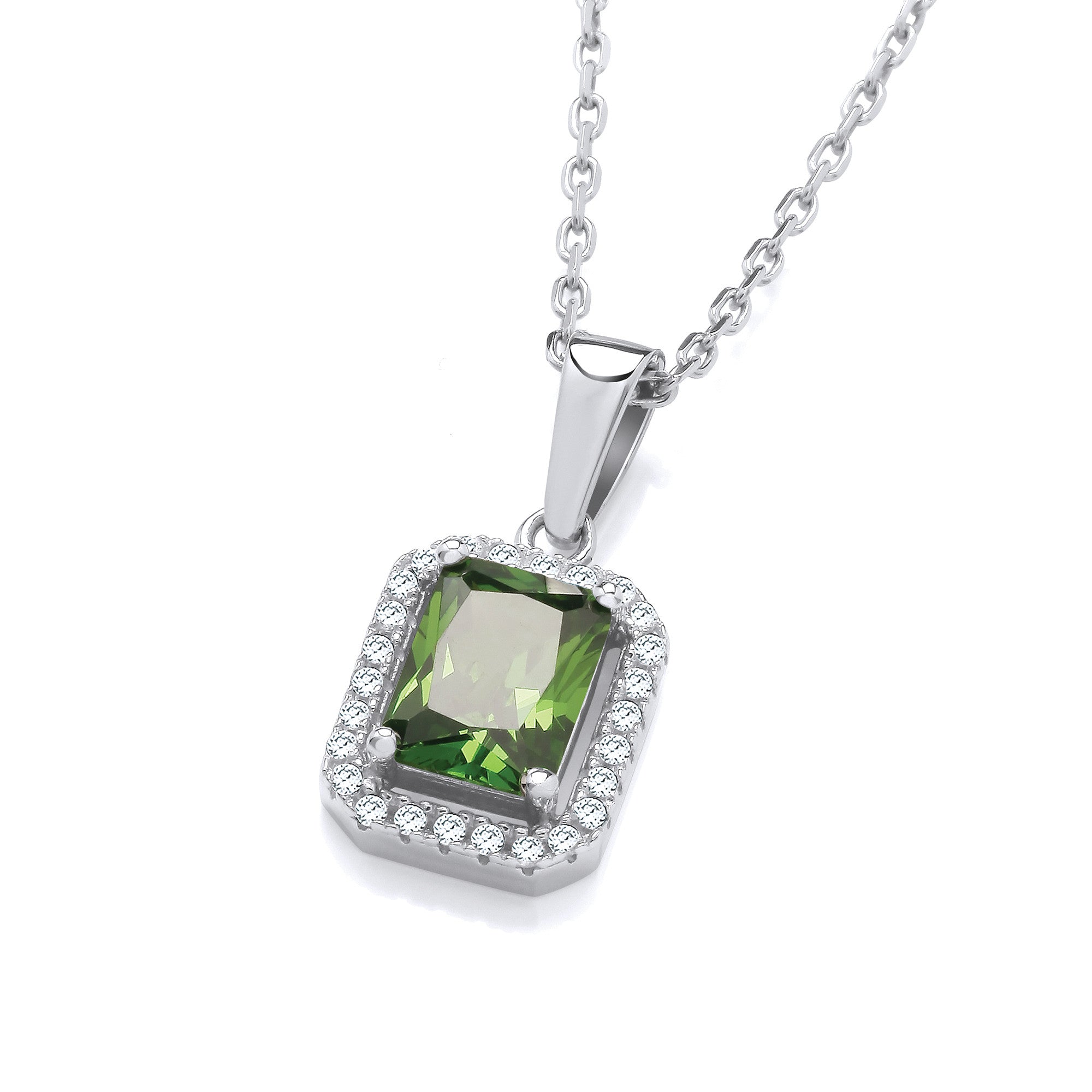 Sterling Silver Green Cubic Zirconias Halo Stud Pendant with Chain